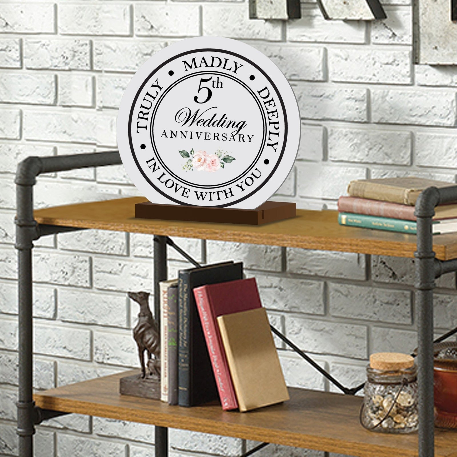 Elegant Wedding Anniversary Celebration Round Sign on Solid Wooden Base - 5th Wedding Anniversary - LifeSong Milestones