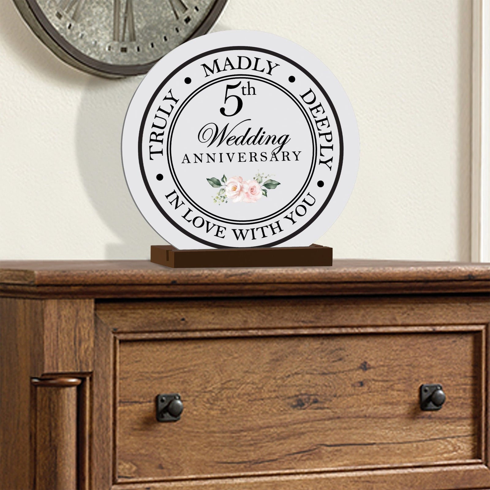 Elegant Wedding Anniversary Celebration Round Sign on Solid Wooden Base - 5th Wedding Anniversary - LifeSong Milestones
