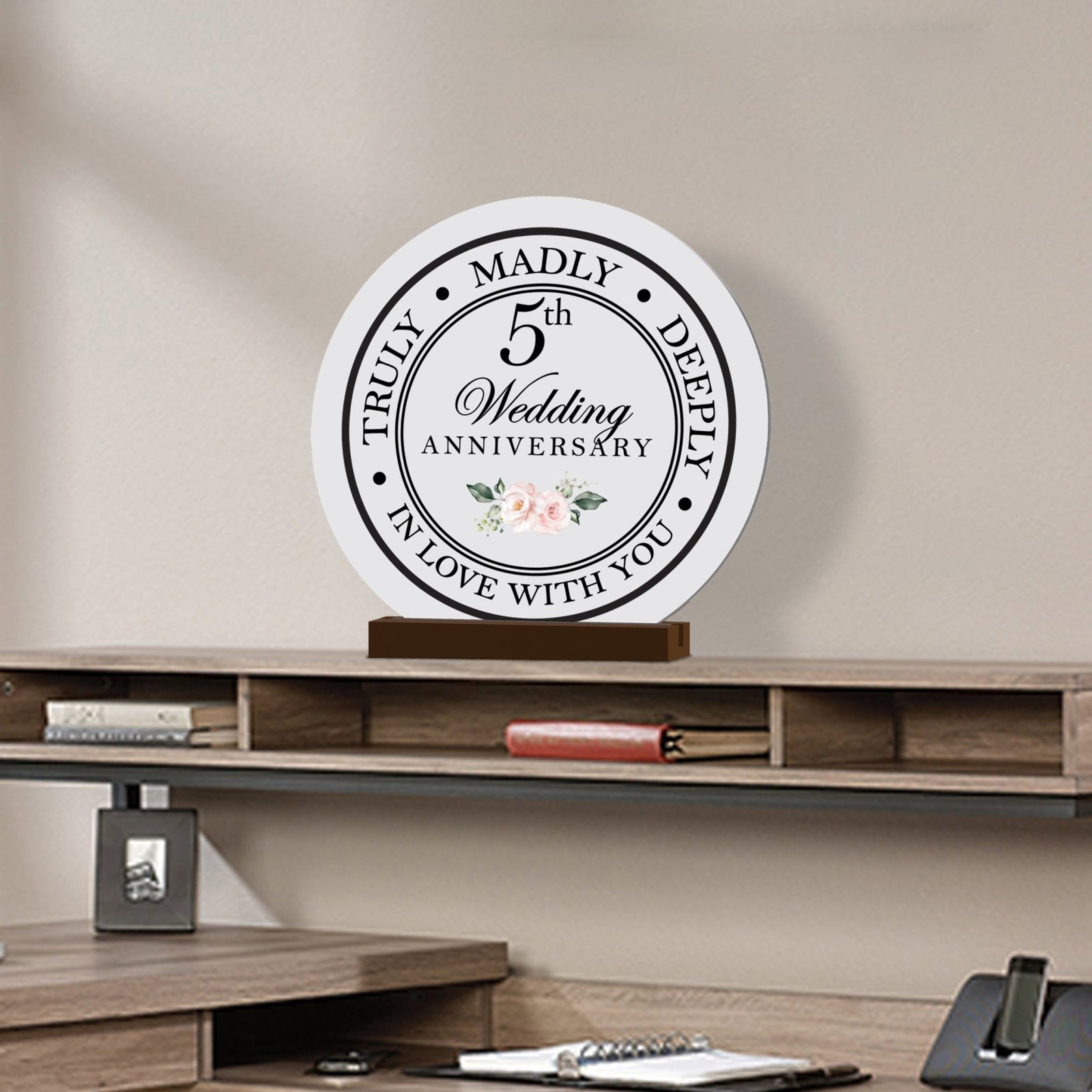 Elegant Wedding Anniversary Celebration Round Sign on Solid Wooden Base - 5th Wedding Anniversary - LifeSong Milestones