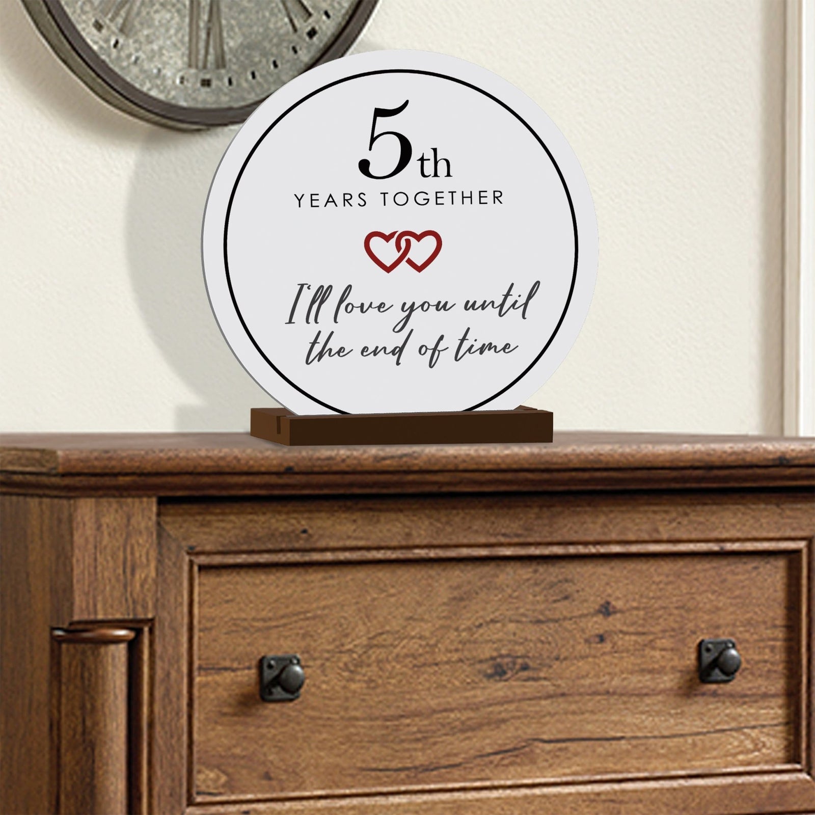 Elegant Wedding Anniversary Celebration Round Sign on Solid Wooden Base - 5th Years Together - LifeSong Milestones