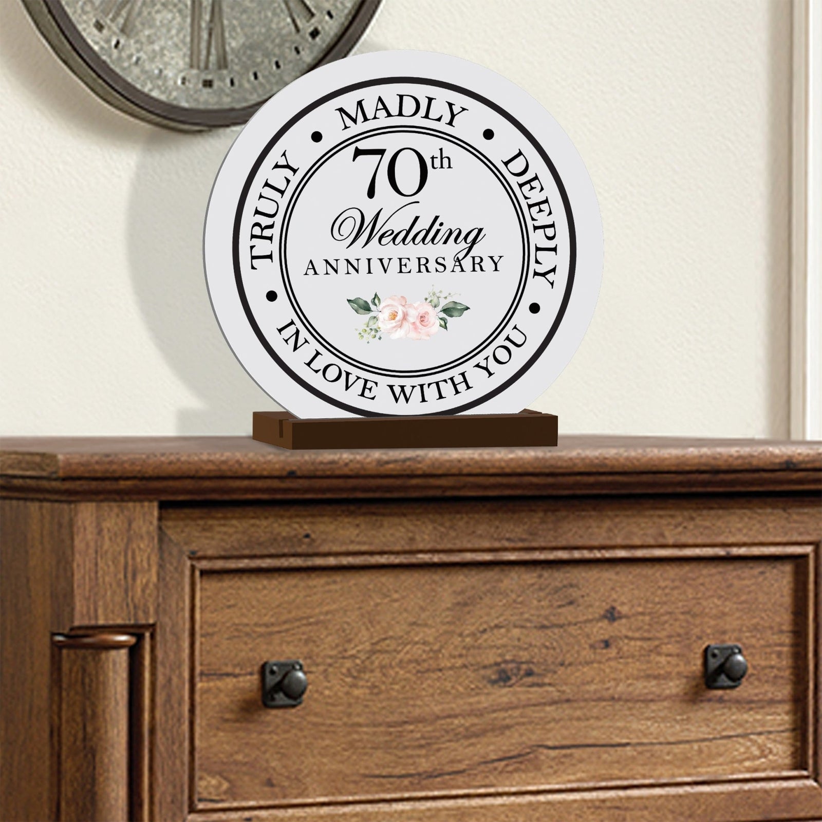 Elegant Wedding Anniversary Celebration Round Sign on Solid Wooden Base - 70th Wedding Anniversary - LifeSong Milestones