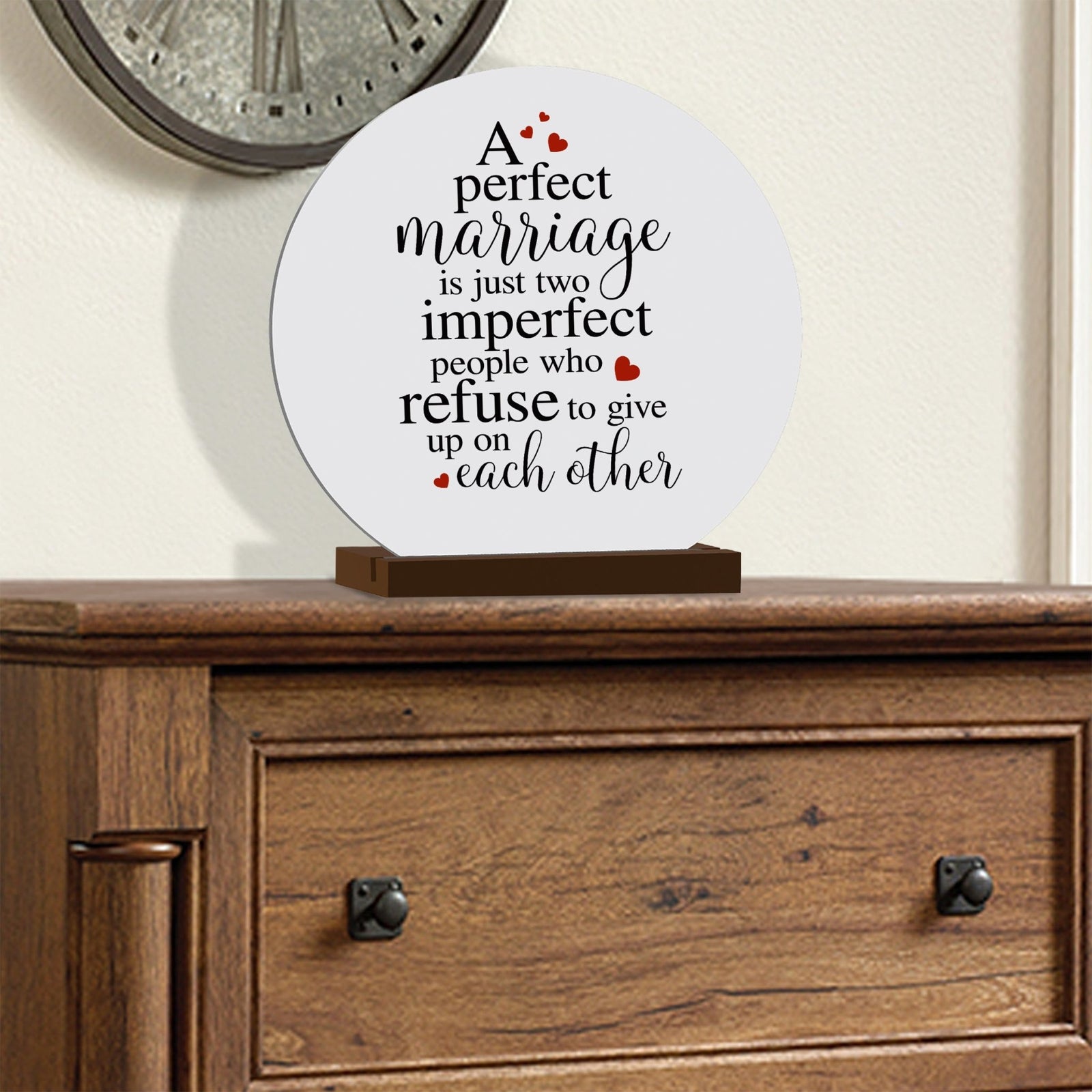 Elegant Wedding Anniversary Celebration Round Sign on Solid Wooden Base - A Perfect Marriage - LifeSong Milestones