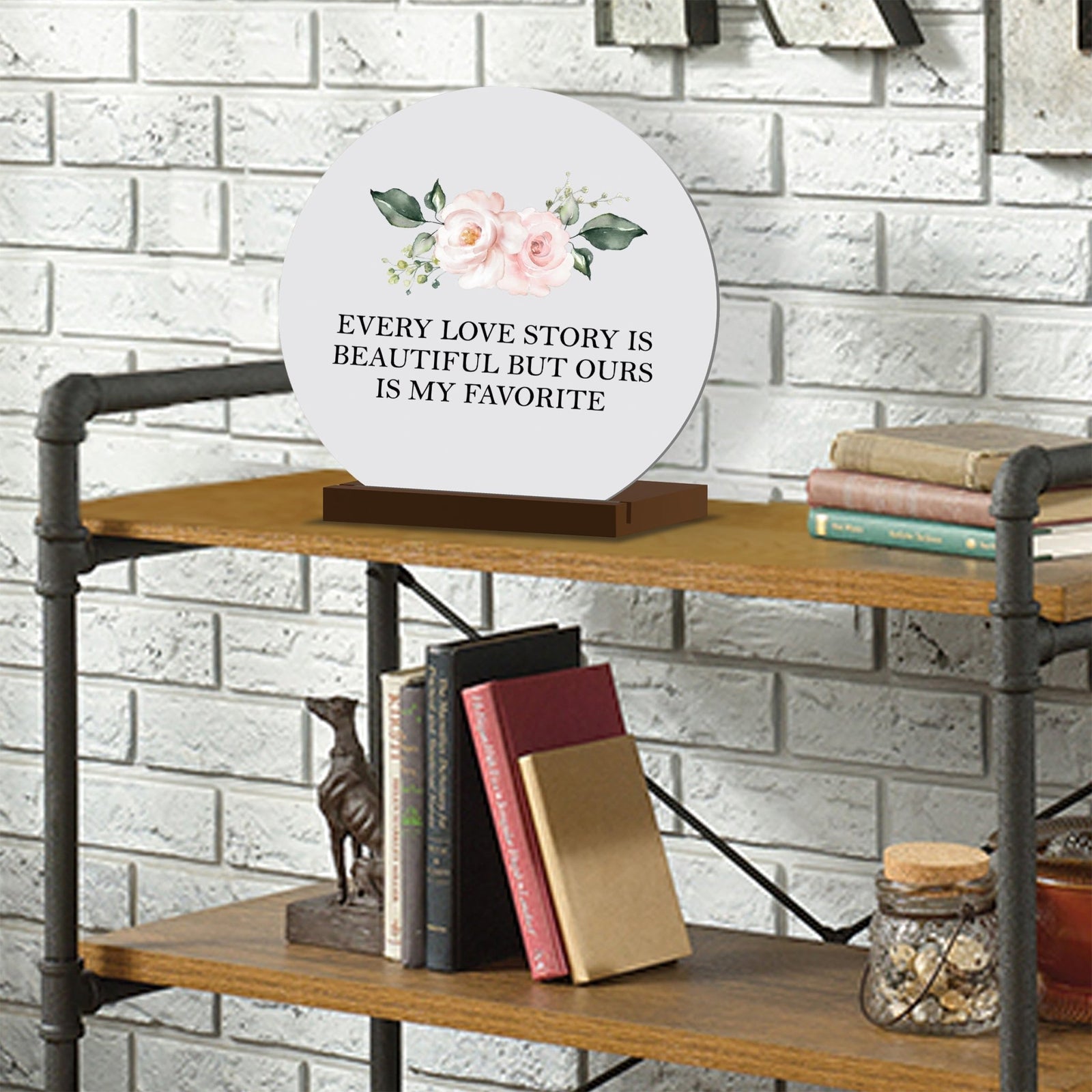 Elegant Wedding Anniversary Celebration Round Sign on Solid Wooden Base - Every Love Story Is Beautiful - LifeSong Milestones