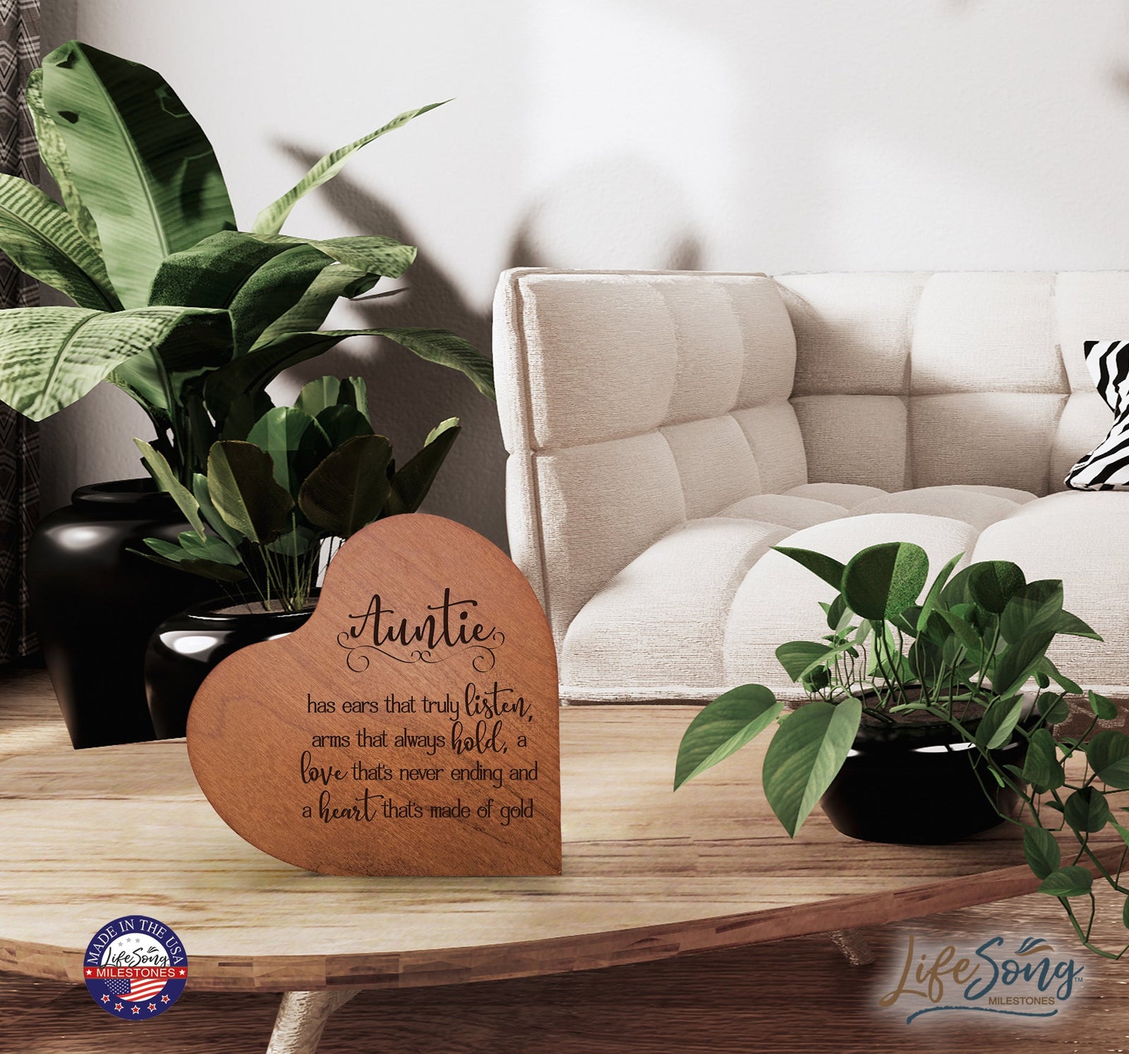 Engraved Wooden Heart Block 5” x 5.25” x 0.75”- Auntie - LifeSong Milestones