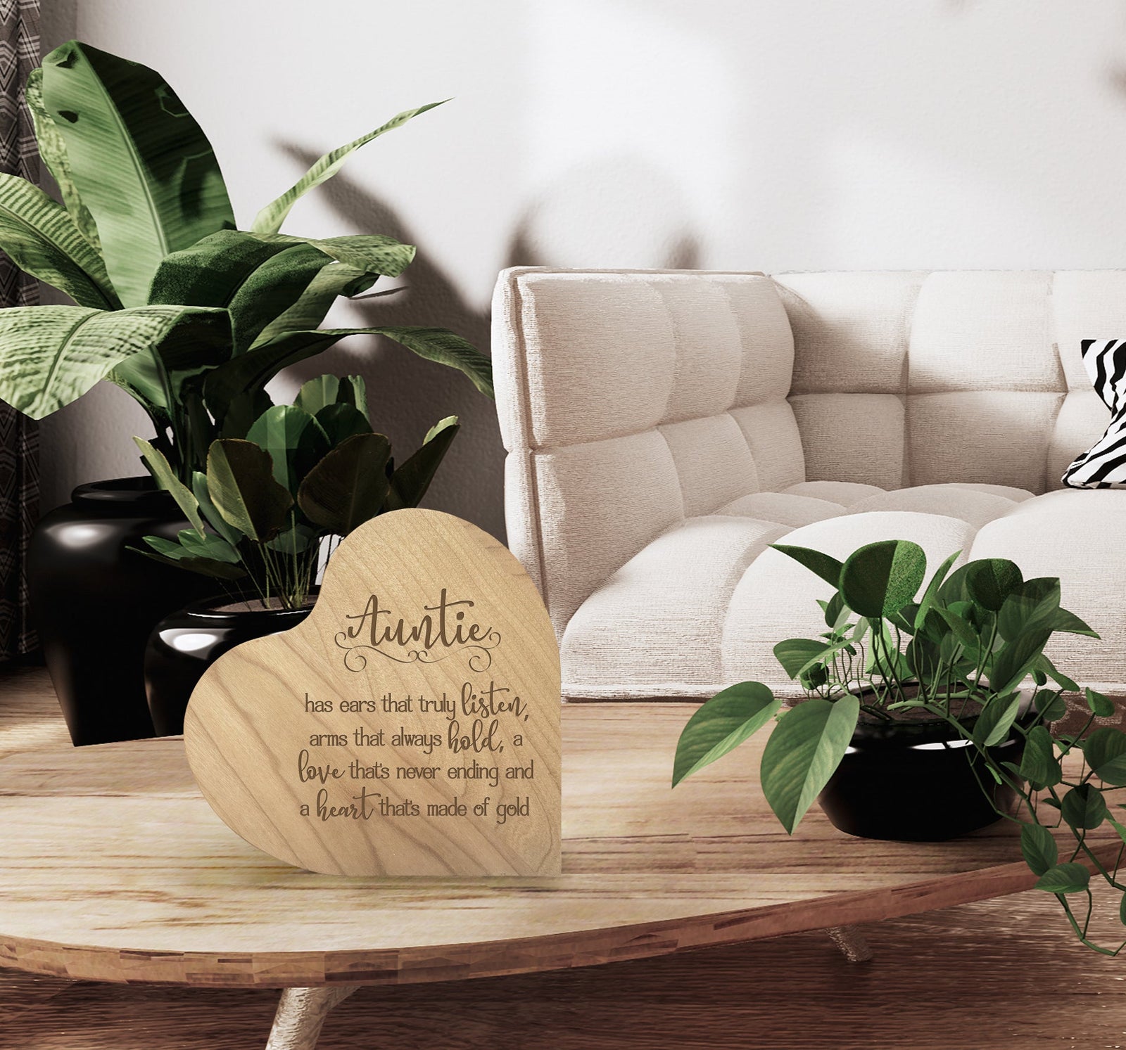 Engraved Wooden Heart Block 5” x 5.25” x 0.75”- Auntie - LifeSong Milestones