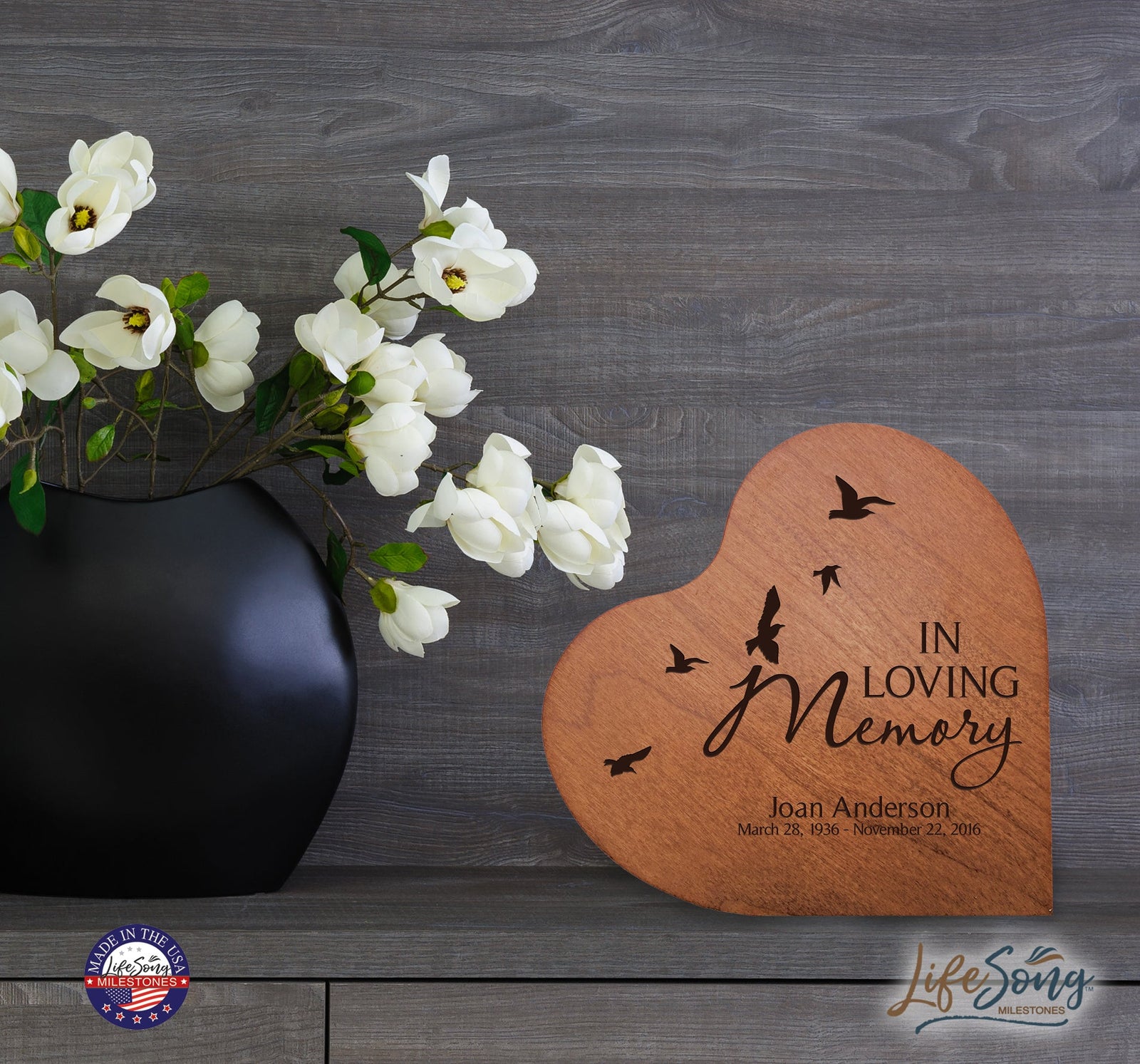 Engraved Wooden Heart Block 5” x 5.25” x 0.75” - In Loving Memory (dove) - LifeSong Milestones