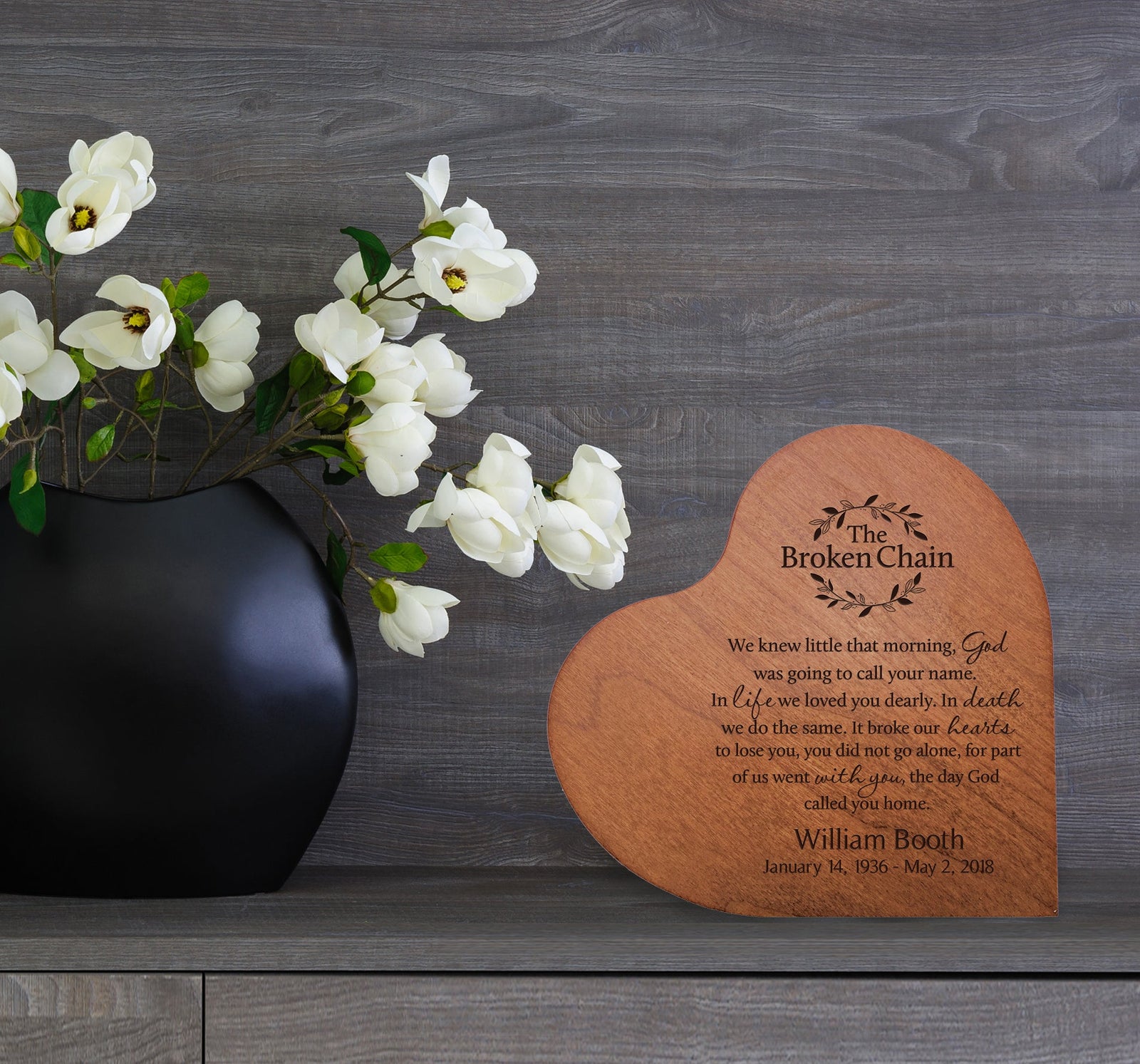 Engraved Wooden Heart Block 5” x 5.25” x 0.75”- The Broken Chain - LifeSong Milestones