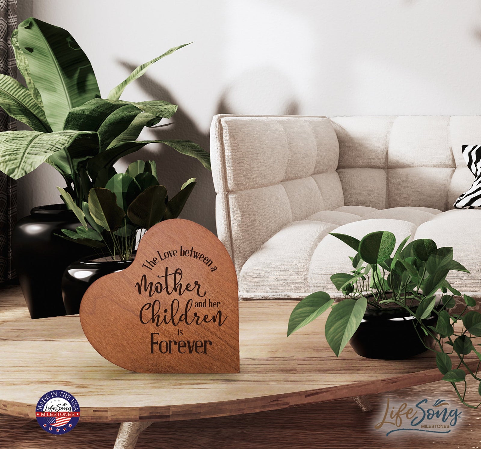 Engraved Wooden Heart Block 5” x 5.25” x 0.75”- The Love Between - LifeSong Milestones