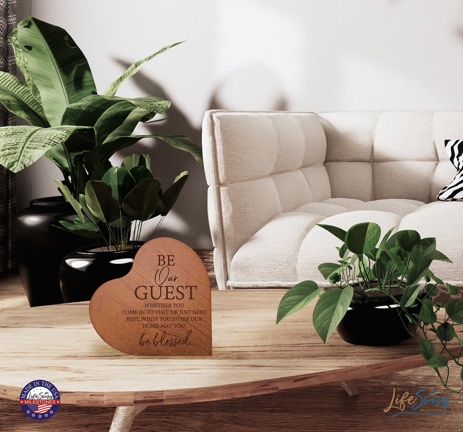 Engraved Wooden Inspirational Heart Block 5” x 5.25” x 0.75” - Be Our Guest - LifeSong Milestones