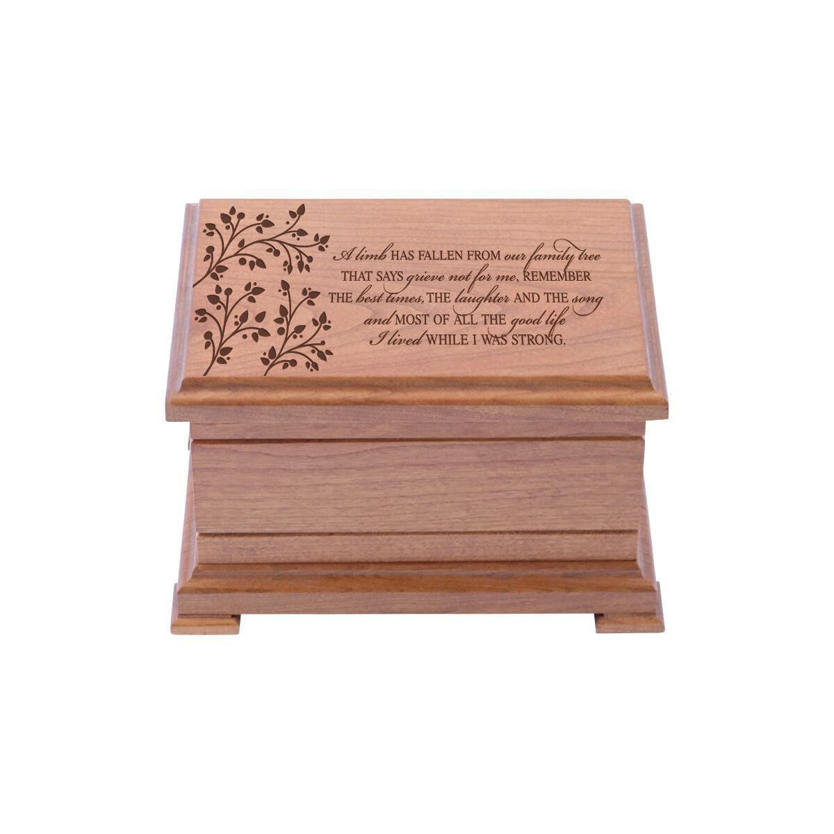 Engraved Wooden Urn Box for Human Ashes 9.75" x 7.75" x 4.25" holds 84 cu in A Limb Has Fallen - LifeSong Milestones