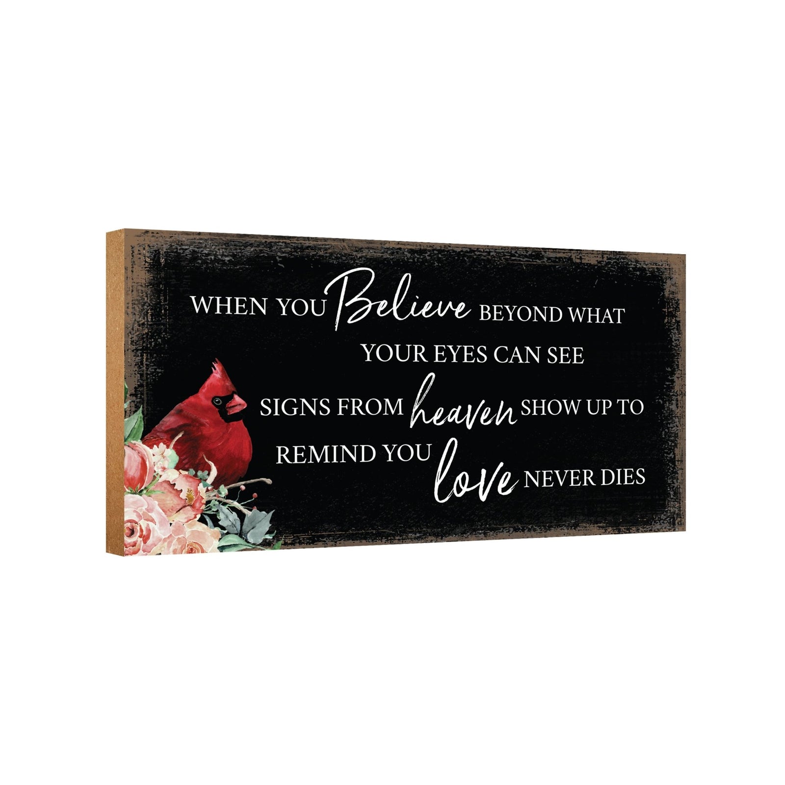 A wooden memorial wall plaque with a heartfelt design.