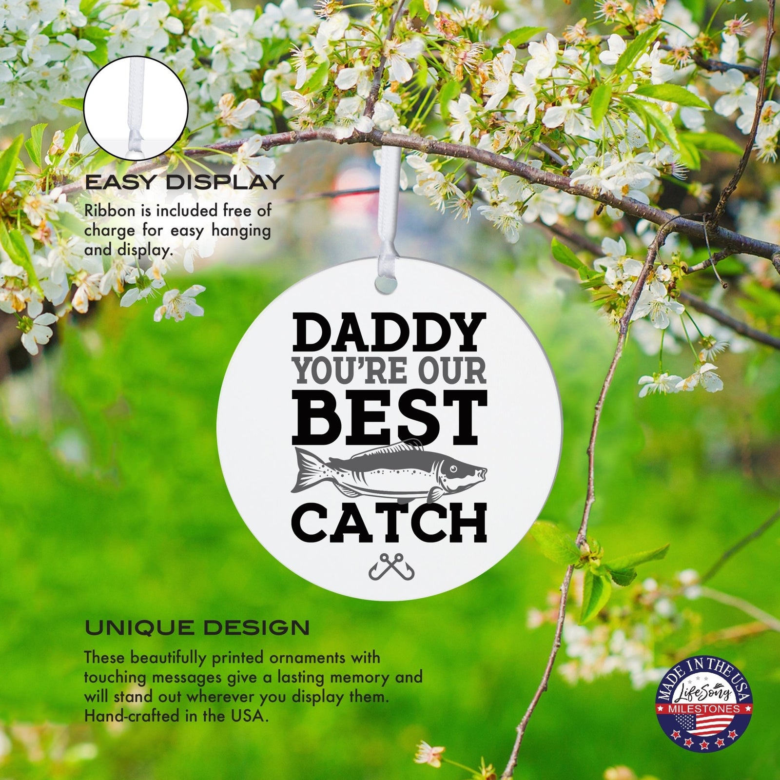 Fishing Dad White Ornament With Inspirational Message Gift Ideas - Daddy You're The Best Catch - LifeSong Milestones