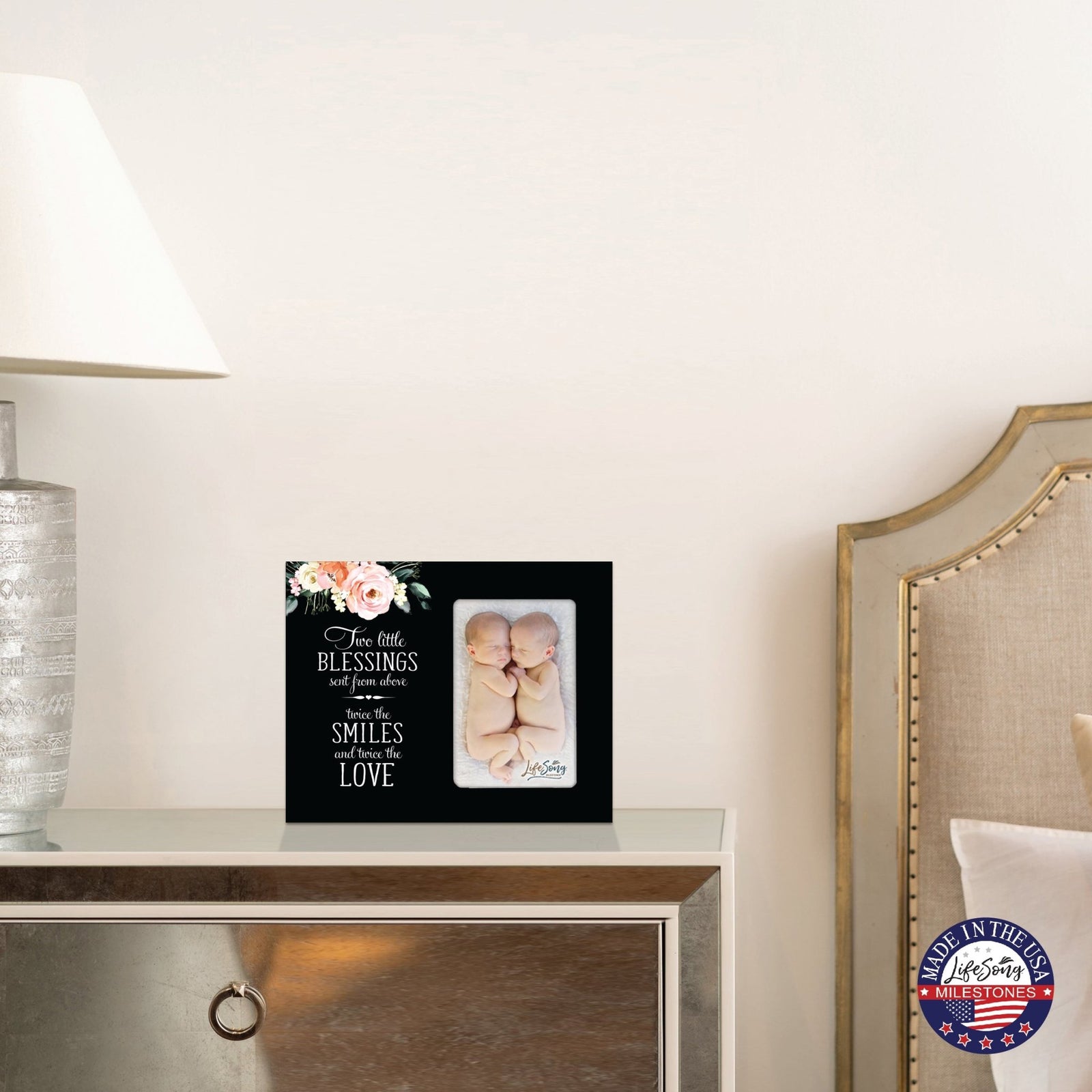 Floral Newborn Baby Twins Announcement Wooden Wall And Tabletop Photo Frame For New Parents Gift Ideas - LifeSong Milestones