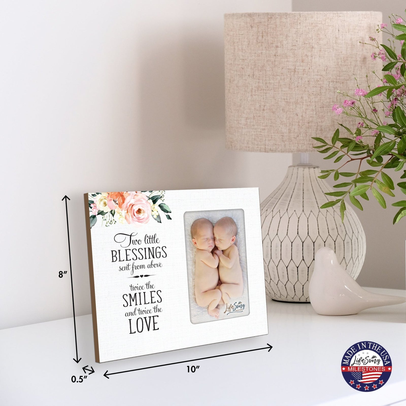 Floral Newborn Baby Twins Announcement Wooden Wall And Tabletop Photo Frame For New Parents Gift Ideas - LifeSong Milestones