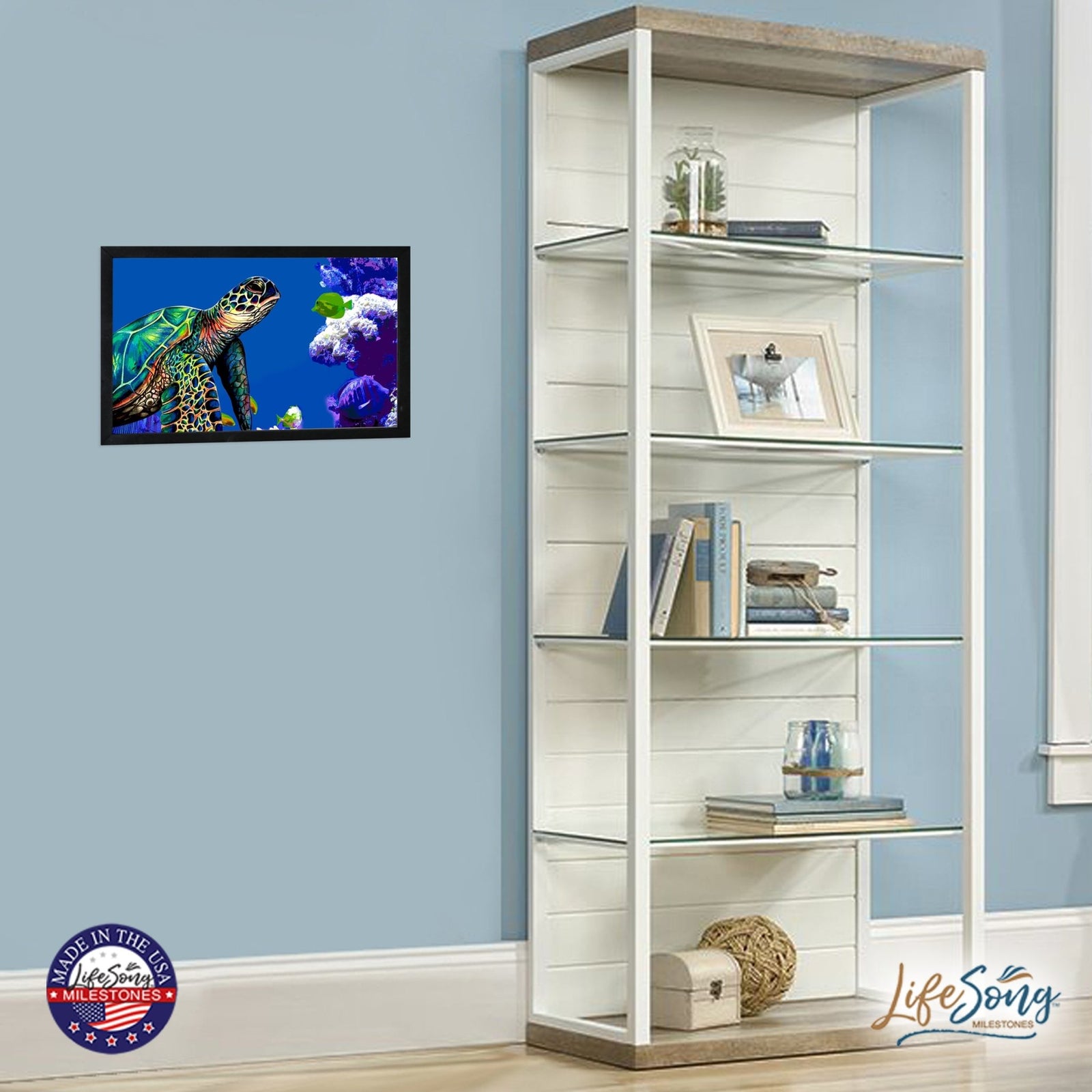 Framed Shadow Box with Sea Turtle Art for Modern Wall Decor 12x18in - LifeSong Milestones