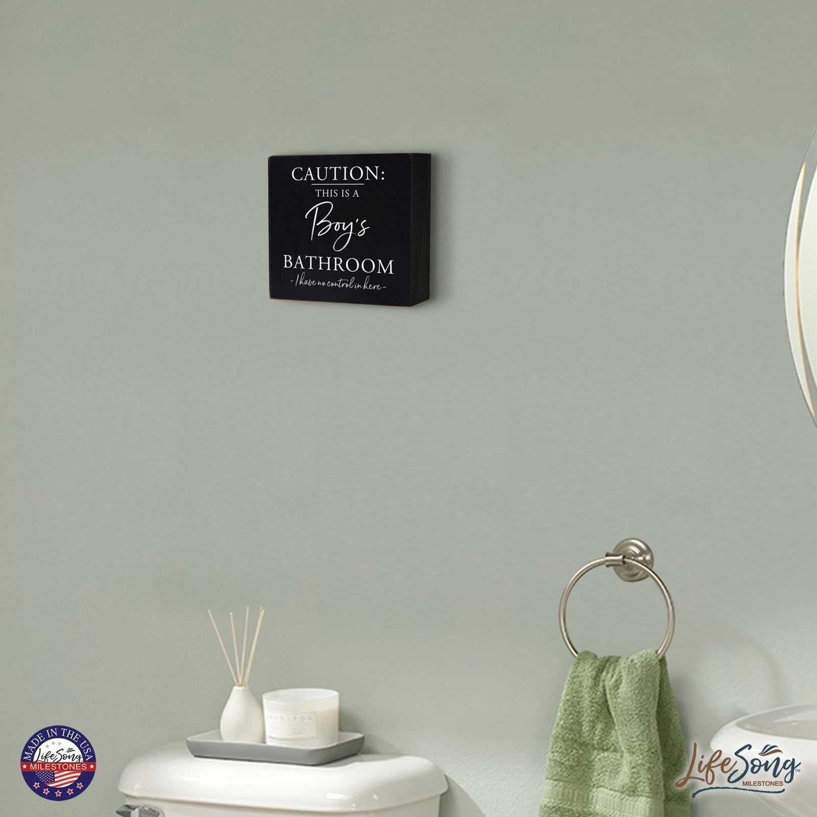 Funny Bathroom Decor 6x6 Shadow Box Caution Boys Bathroom - LifeSong Milestones