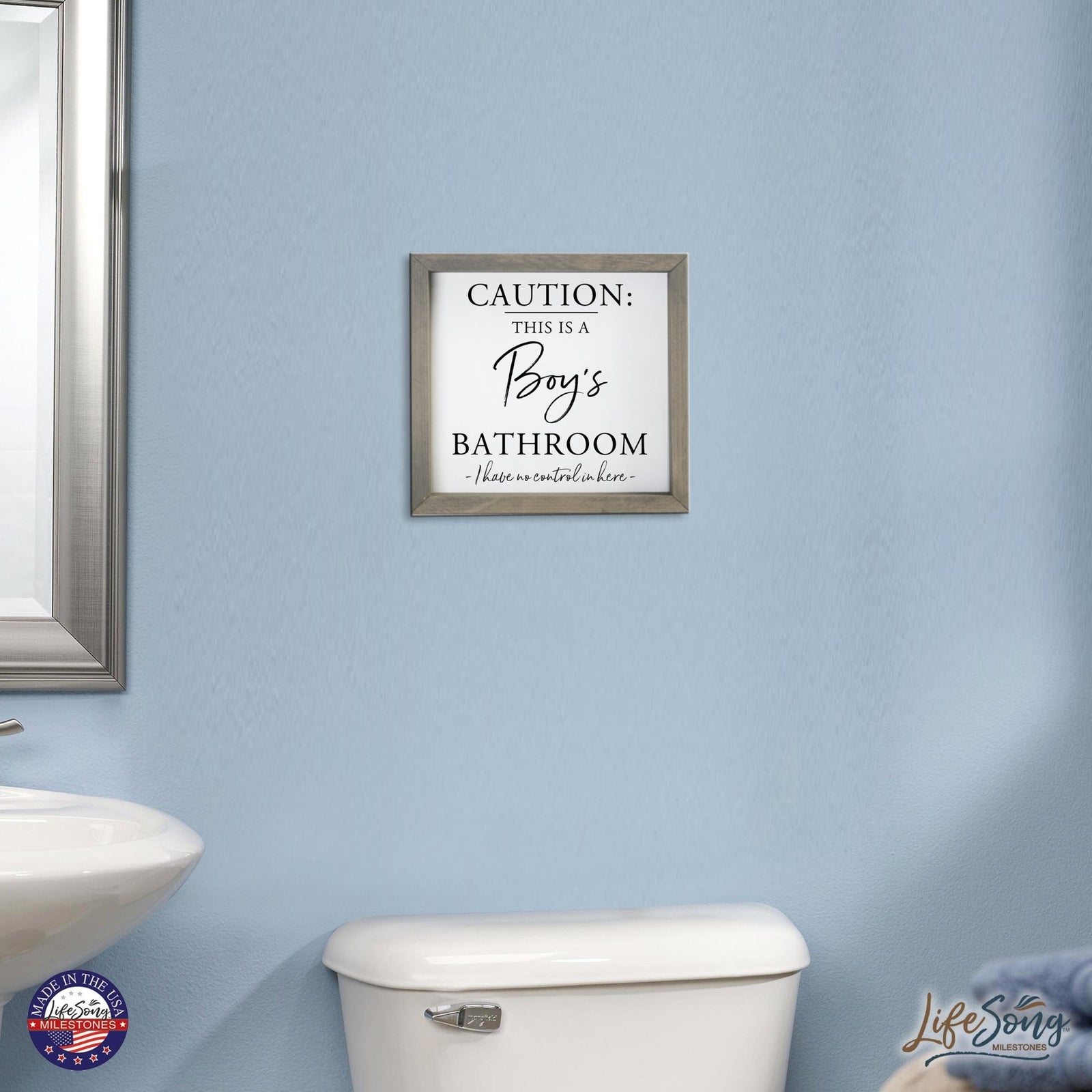 Funny Bathroom Decor Framed Shadow Box 11.5x11.5 (Caution Boys Bathroom) - LifeSong Milestones