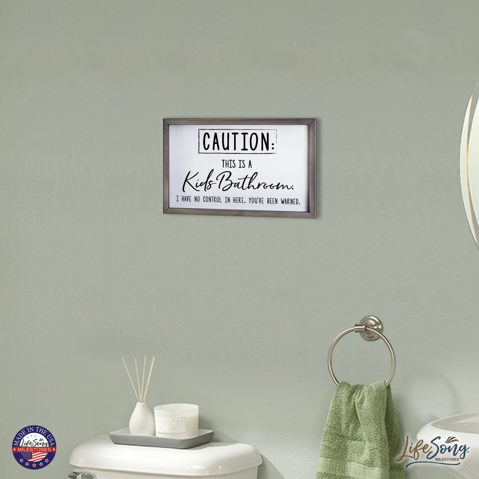 Funny Bathroom Decor Framed Shadow Box 7x10in (Caution Kids Bathroom) - LifeSong Milestones