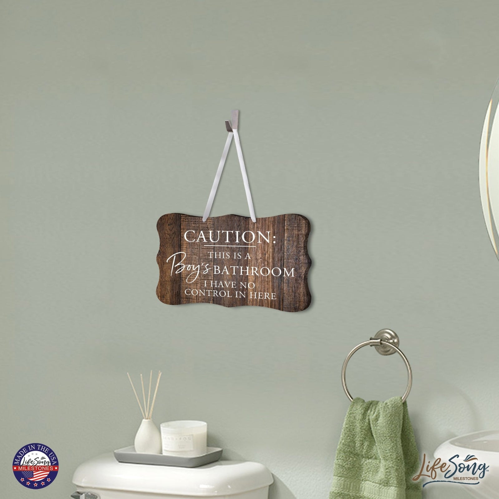 Funny Boys Bathroom Wooden Wall Sign -Caution Boys Bathroom 8” x 12” - LifeSong Milestones