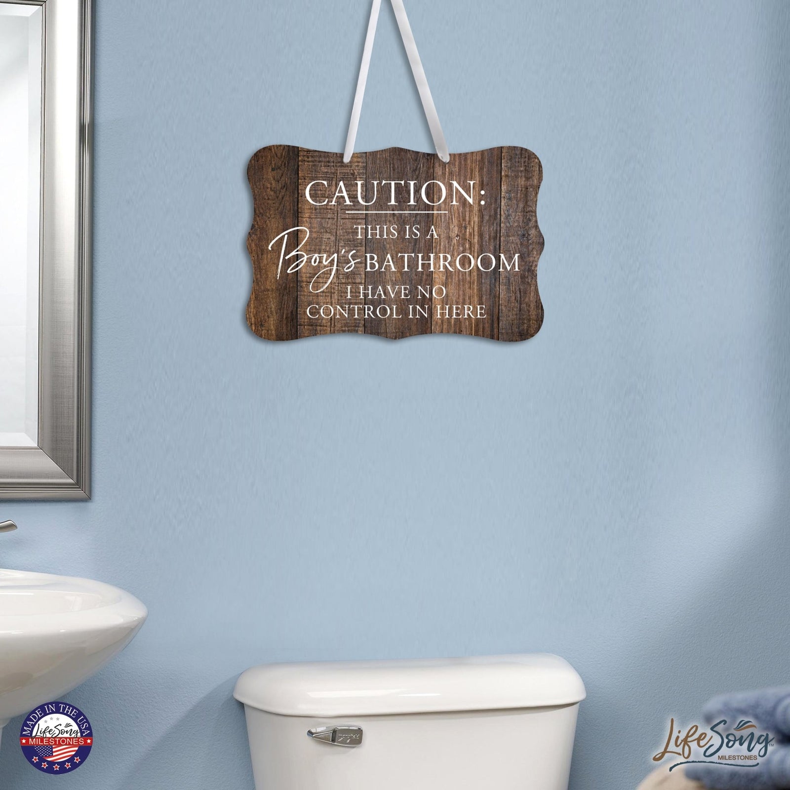 Funny Boys Bathroom Wooden Wall Sign -Caution Boys Bathroom 8” x 12” - LifeSong Milestones