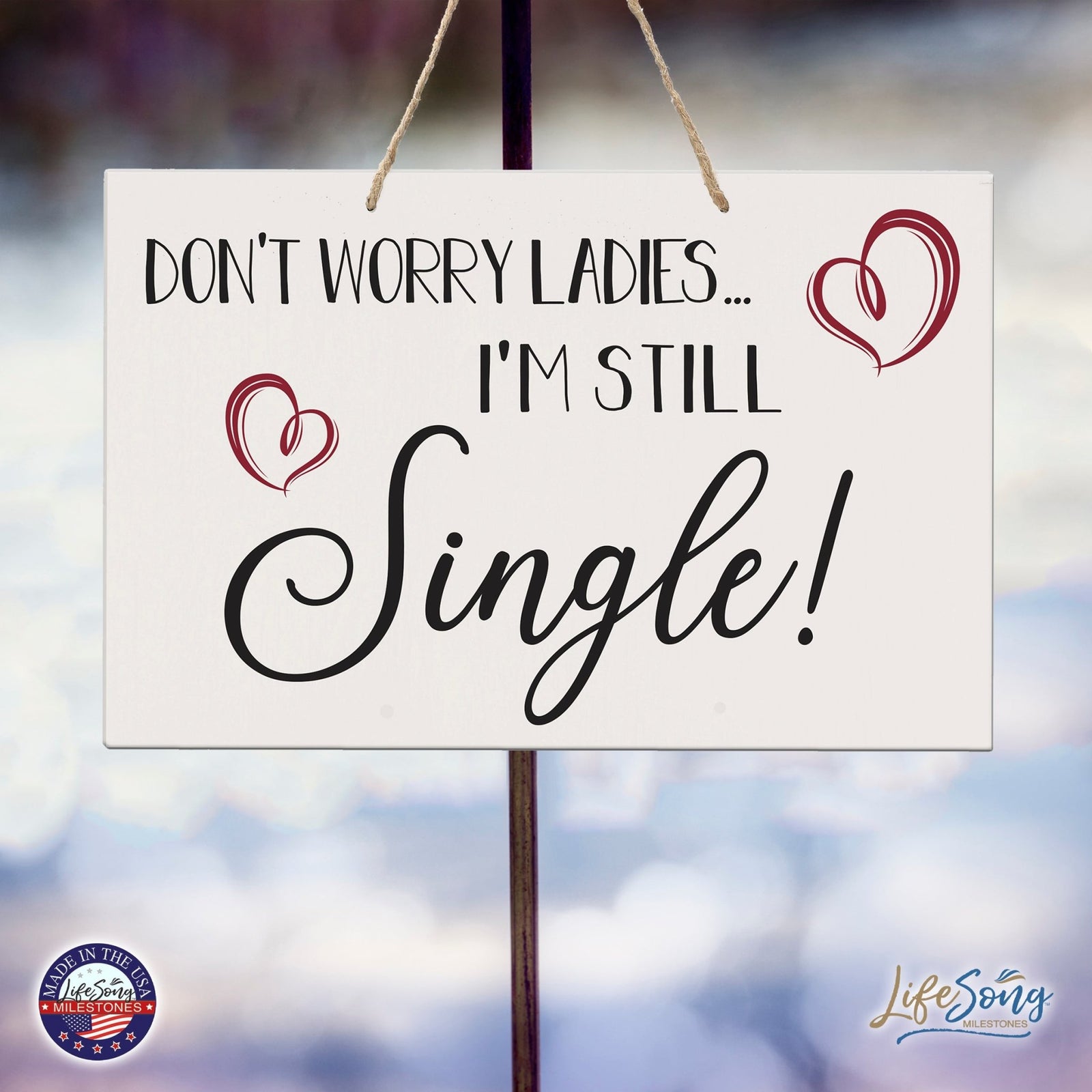 Funny Modern Wooden Rope Wall Sign For Ladies 8x12 - Don’t Worry Ladies… I’m Still Single - LifeSong Milestones