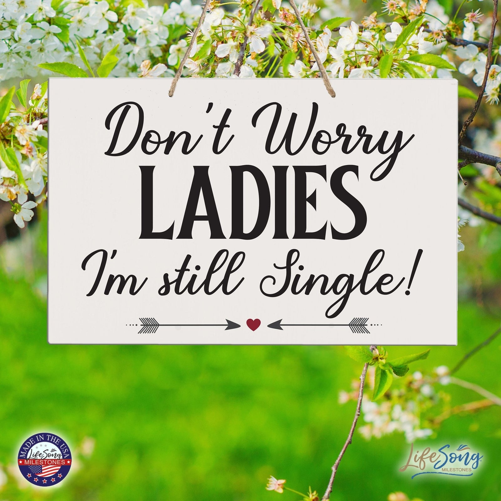Funny Modern Wooden Rope Wall Sign For Ladies 8x12 - Don’t Worry Ladies… I’m Still Single - LifeSong Milestones
