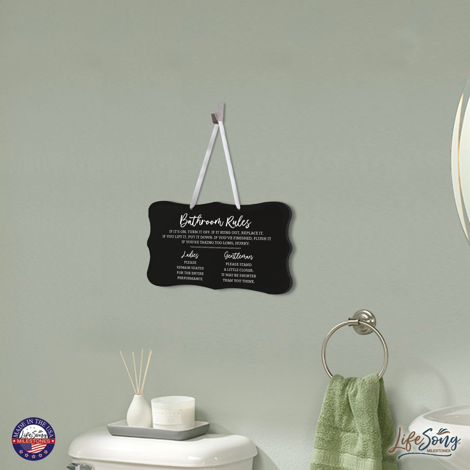 Funny Wooden Ribbon Sign Wall Decor 8” x 12” (Bathroom Rules Ladies) - LifeSong Milestones