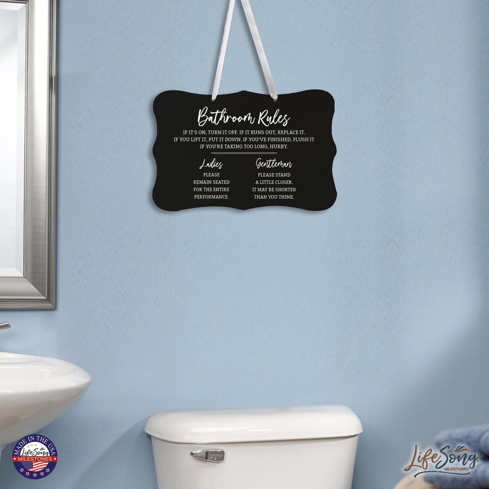 Funny Wooden Ribbon Sign Wall Decor 8” x 12” (Bathroom Rules Ladies) - LifeSong Milestones