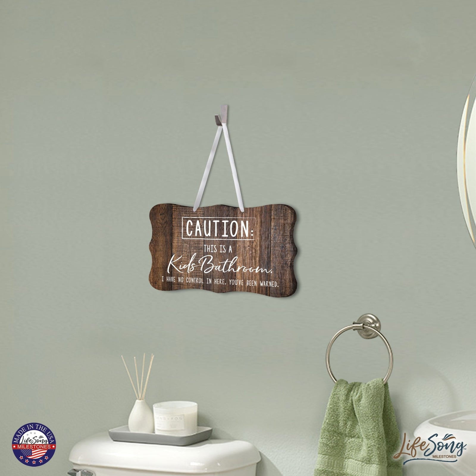 Funny Wooden Ribbon Sign Wall Decor 8” x 12” (Caution Kids Bathroom) - LifeSong Milestones