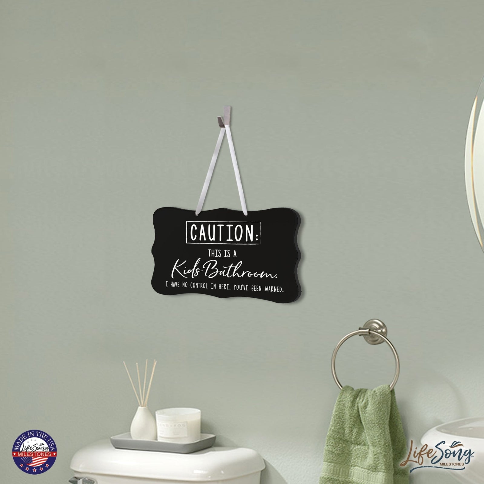 Funny Wooden Ribbon Sign Wall Decor 8” x 12” (Caution Kids Bathroom) - LifeSong Milestones