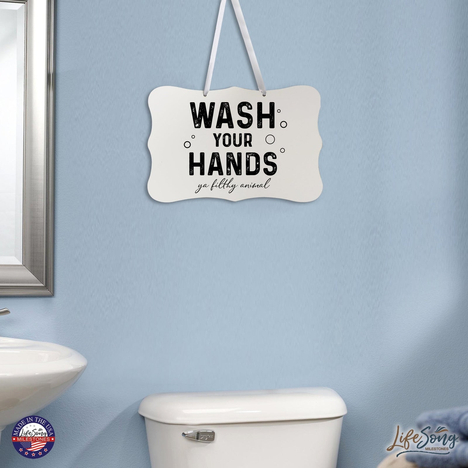 Funny Wooden Ribbon Sign Wall Decor 8” x 12” (Wash Your Hands Filthy) - LifeSong Milestones