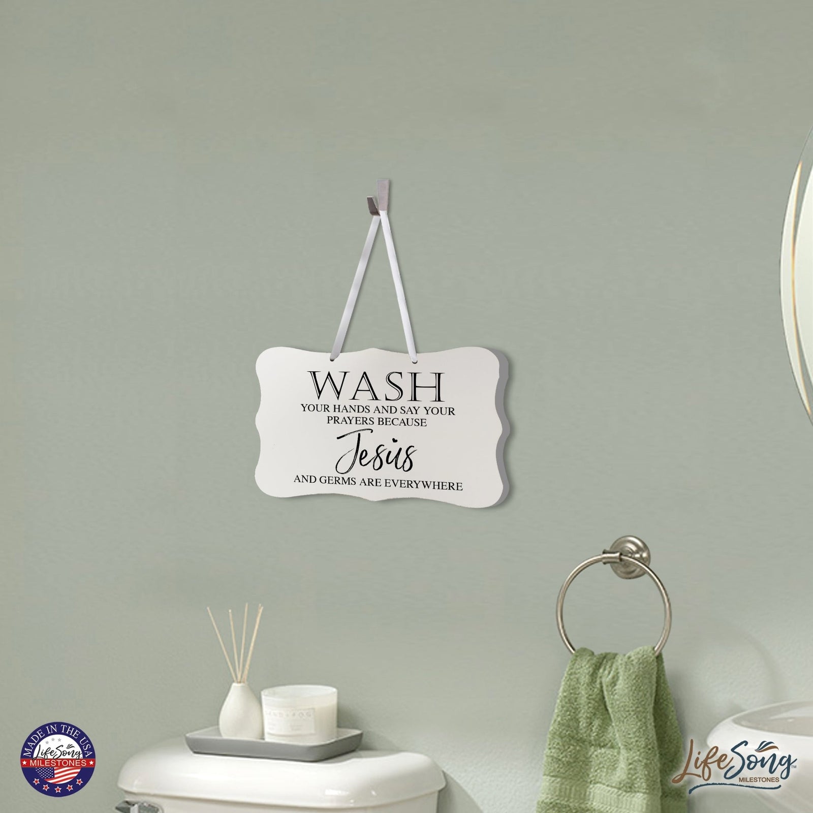 Funny Wooden Ribbon Sign Wall Decor 8” x 12” (Wash Your Hands Jesus) - LifeSong Milestones
