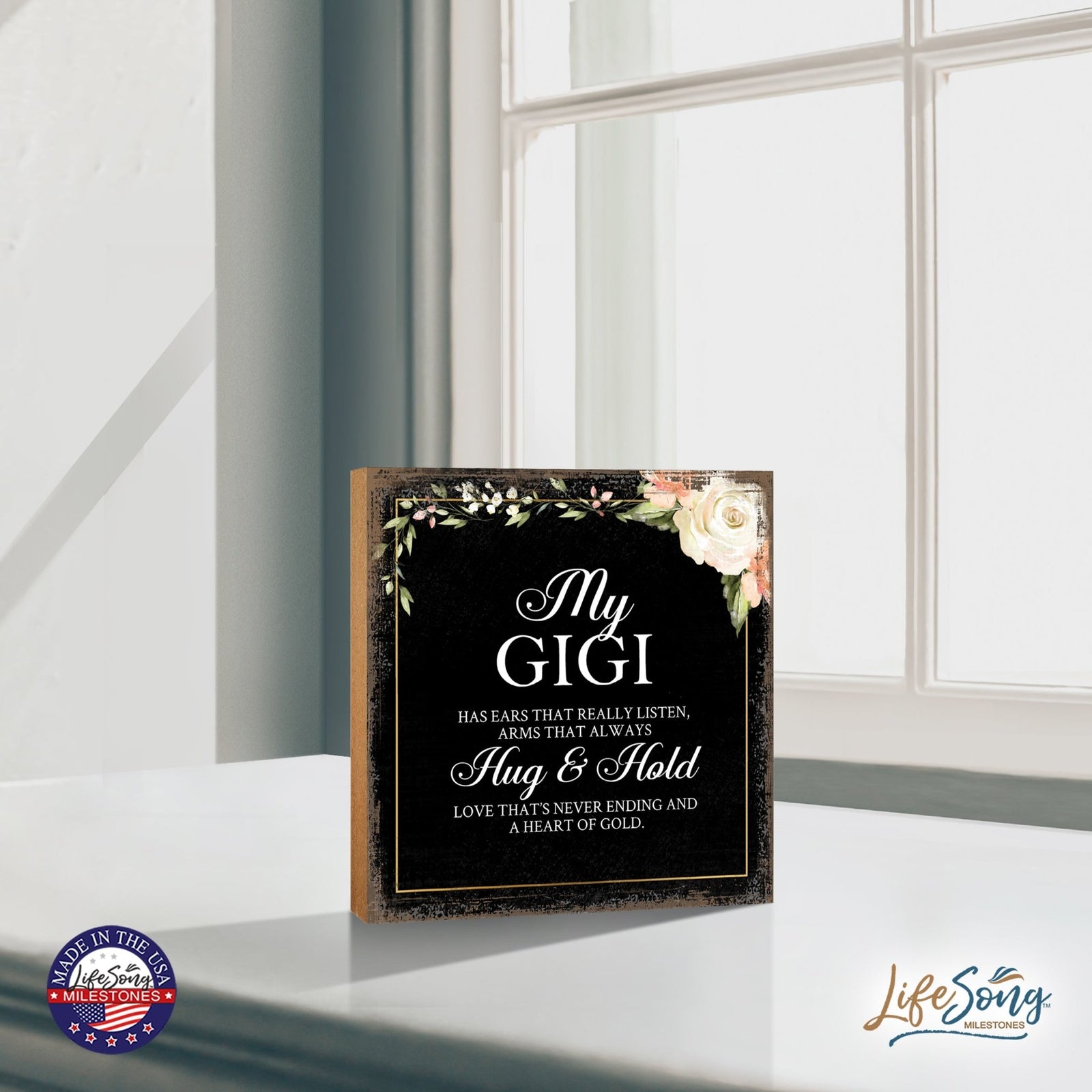 Gigi Has Ears Floral 6x6 Inches Wood Family Art Sign Tabletop and Shelving For Home Décor - LifeSong Milestones