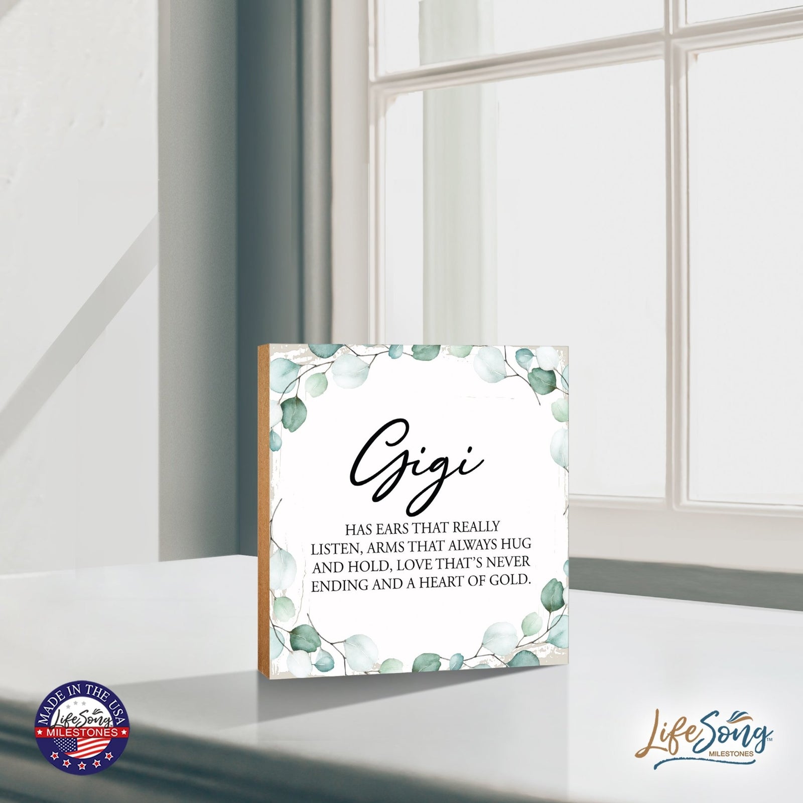 Gigi Has Ears Floral 6x6 Inches Wood Family Art Sign Tabletop and Shelving For Home Décor - LifeSong Milestones