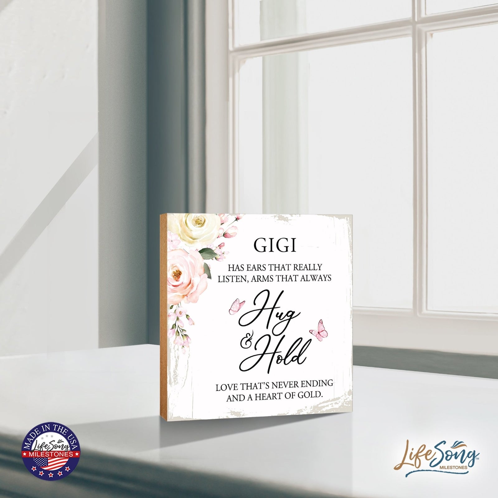 Gigi Has Ears Floral 6x6 Inches Wood Family Art Sign Tabletop and Shelving For Home Décor - LifeSong Milestones