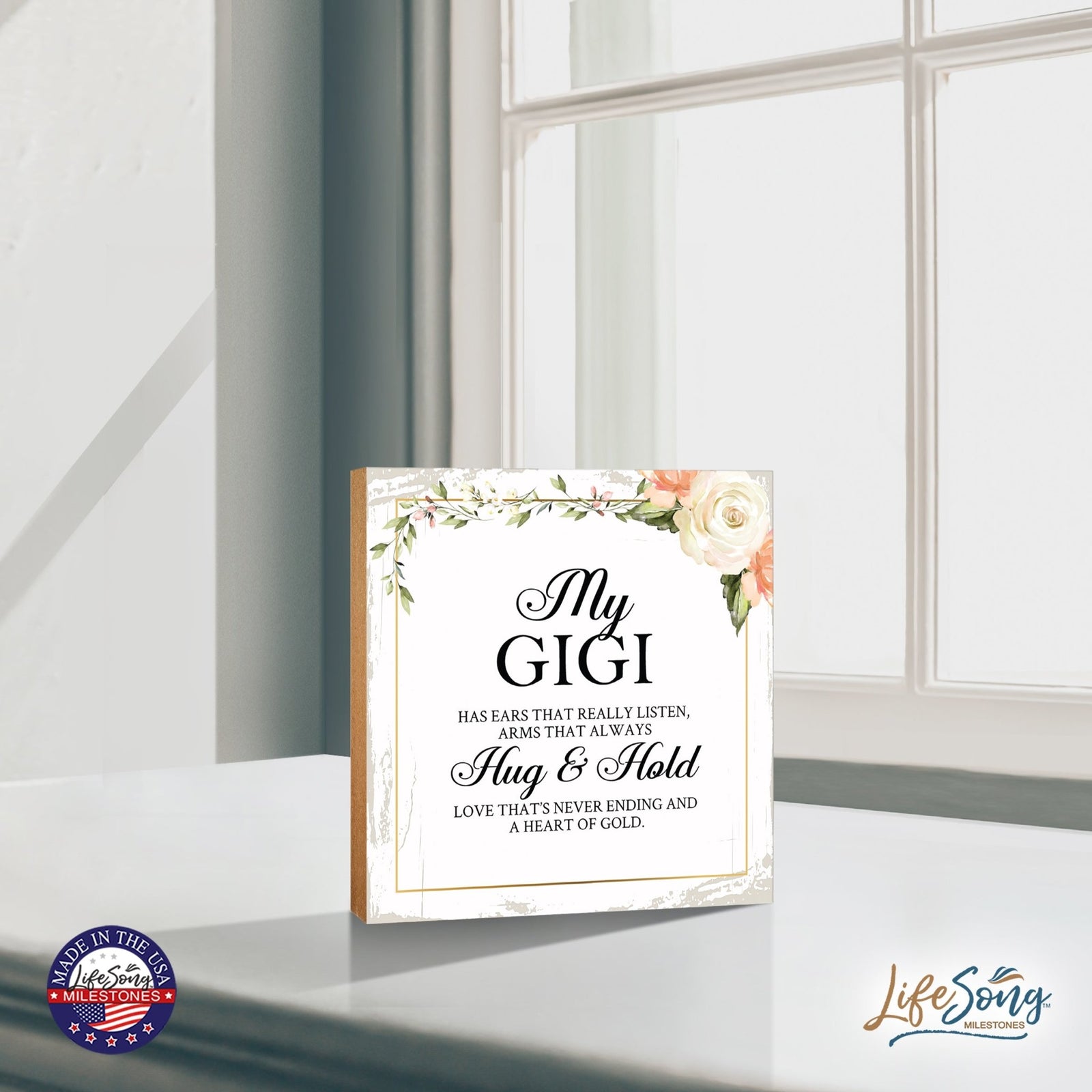 Gigi Has Ears Floral 6x6 Inches Wood Family Art Sign Tabletop and Shelving For Home Décor - LifeSong Milestones