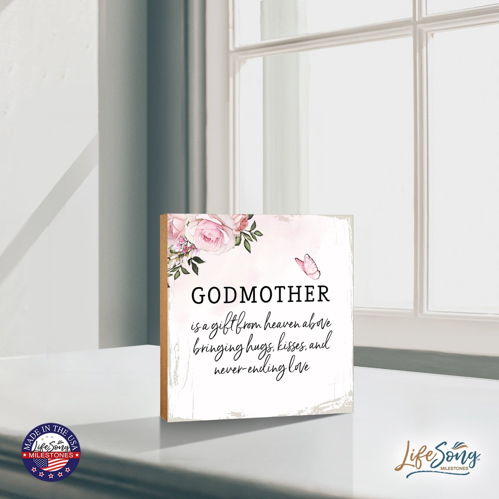 Godmother Is A Gift Floral 6x6 Inches Wood Family Art Sign Tabletop and Shelving For Home Décor - LifeSong Milestones