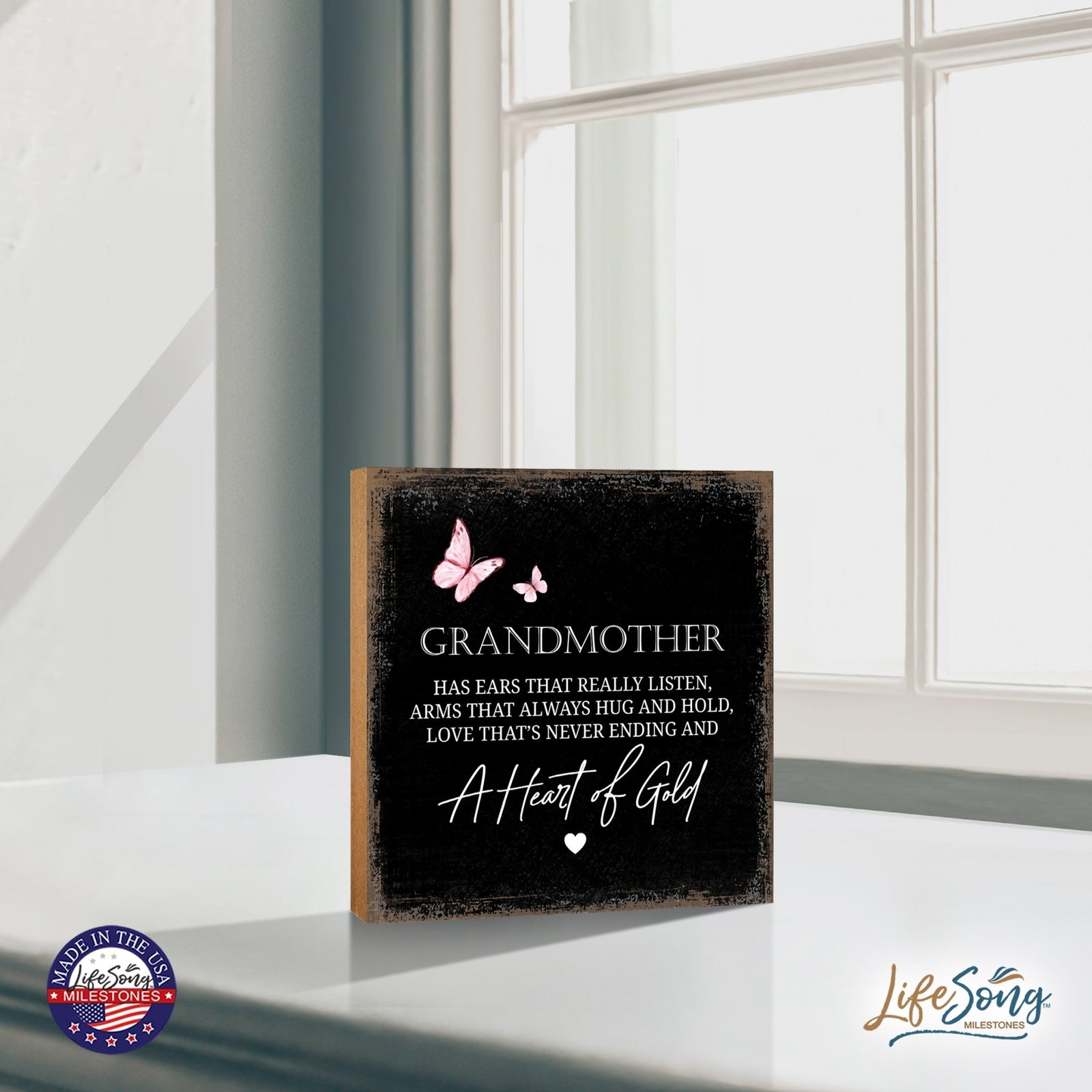 Grandmother Has Ears Floral 6x6 Inches Wood Family Art Sign Tabletop and Shelving For Home Décor - LifeSong Milestones