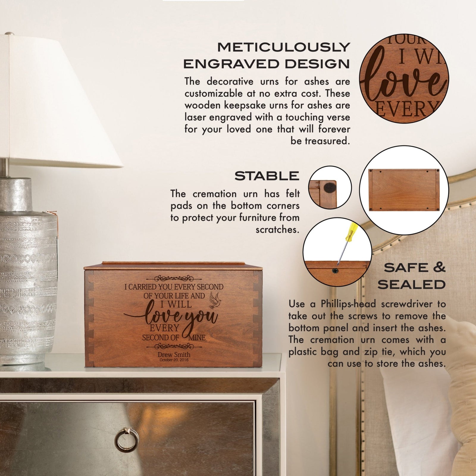 Custom Engraved Wooden Dovetail Cremation Urn Box for Human Ashes