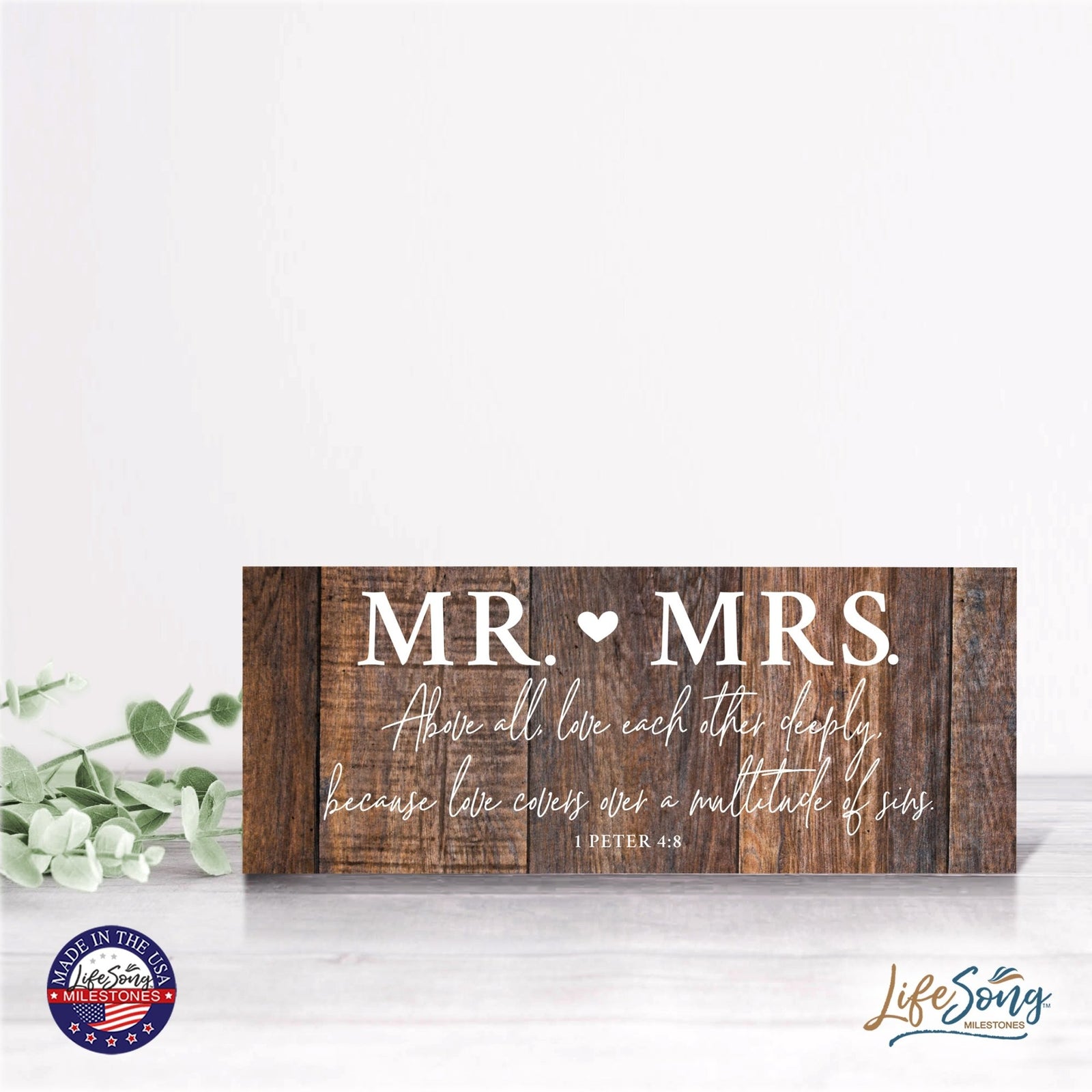 Inspirational Bible Quote Tabletop and Wall Decoration 10x4 - Mr Mrs Above All - LifeSong Milestones