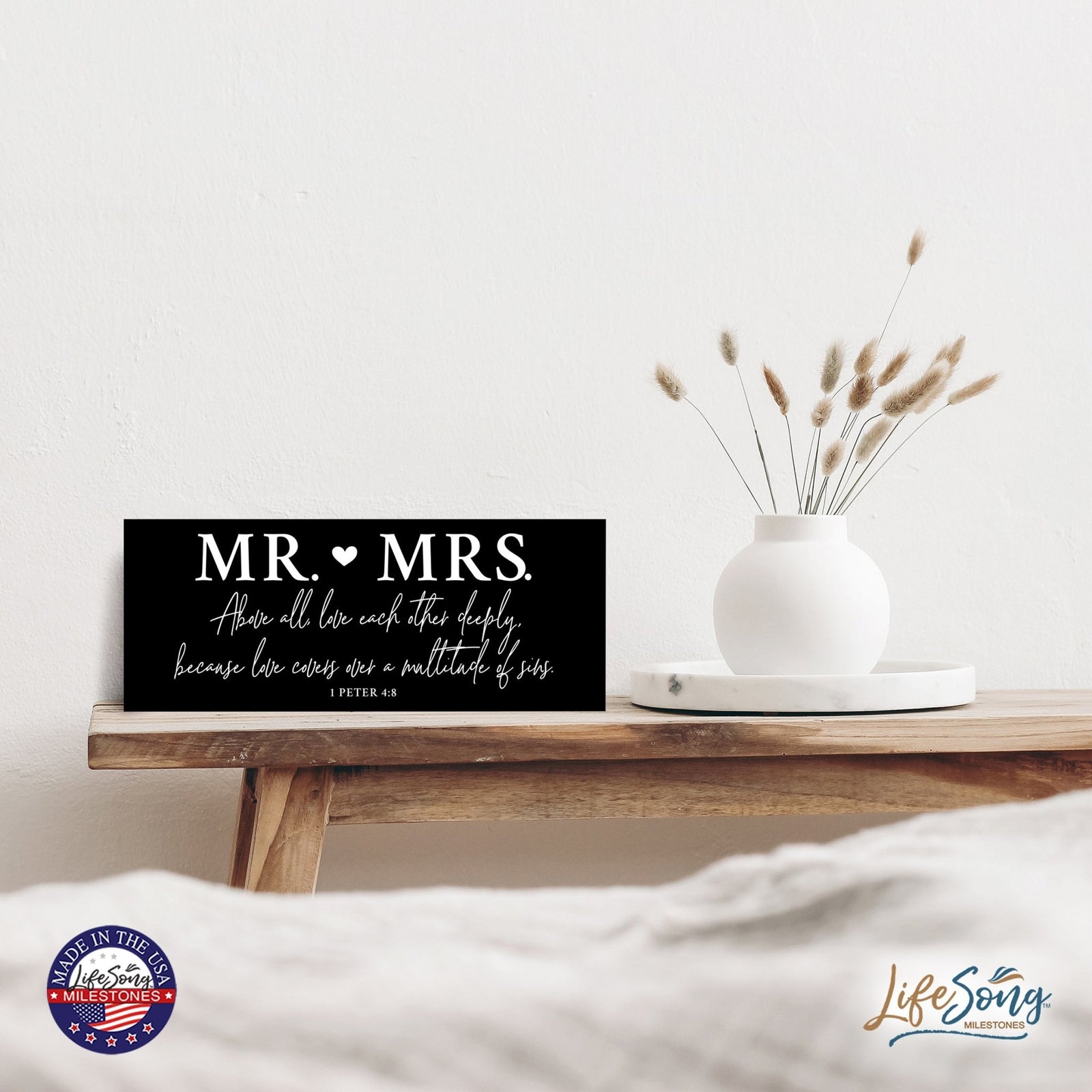 Inspirational Bible Quote Tabletop and Wall Decoration 10x4 - Mr Mrs Above All - LifeSong Milestones