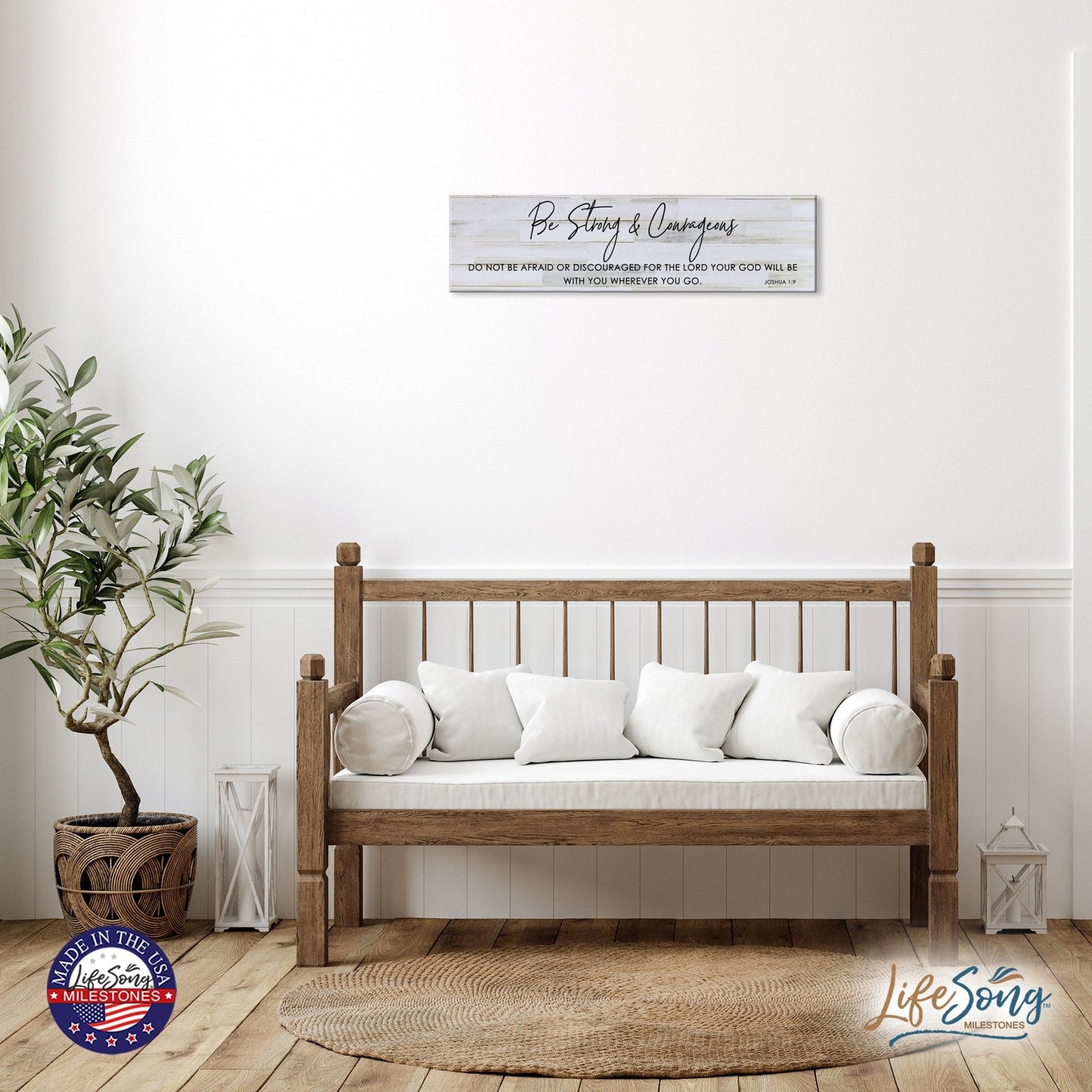 Inspirational Everyday Home and Family Wooden Wall Art Hanging Plaque 10 x 40 – Be Strong & Courageous - LifeSong Milestones