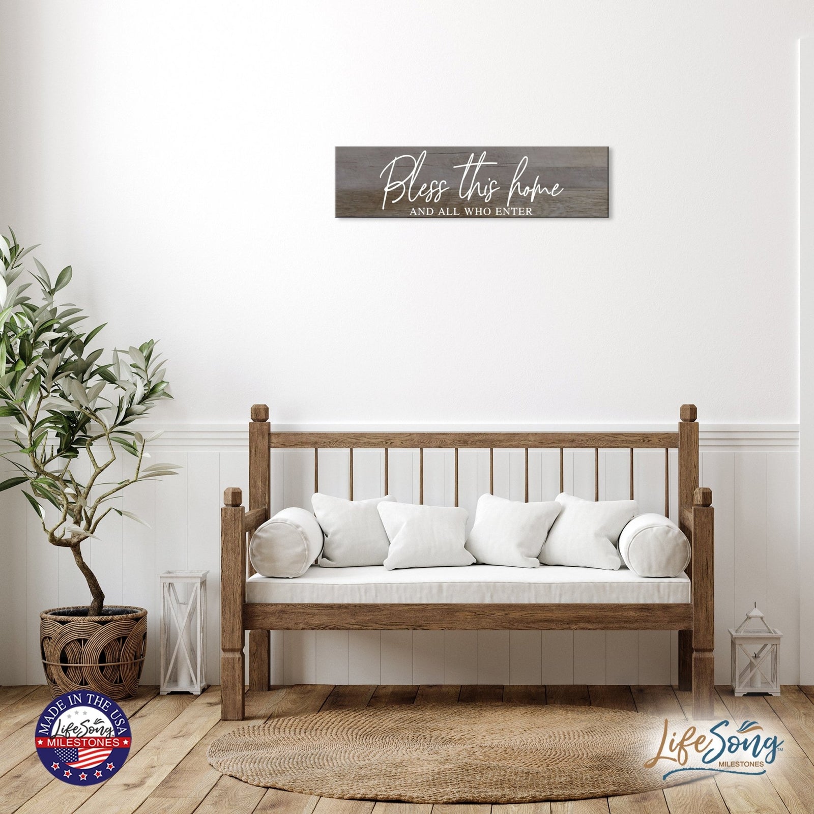 Inspirational Everyday Home and Family Wooden Wall Art Hanging Plaque 10 x 40 – Bless This Home - LifeSong Milestones