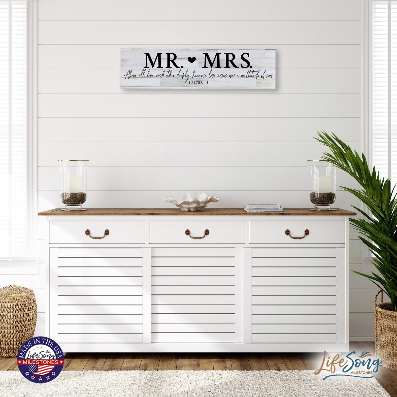 Inspirational Everyday Home and Family Wooden Wall Art Hanging Plaque 10 x 40 – Mr. & Mrs. - LifeSong Milestones