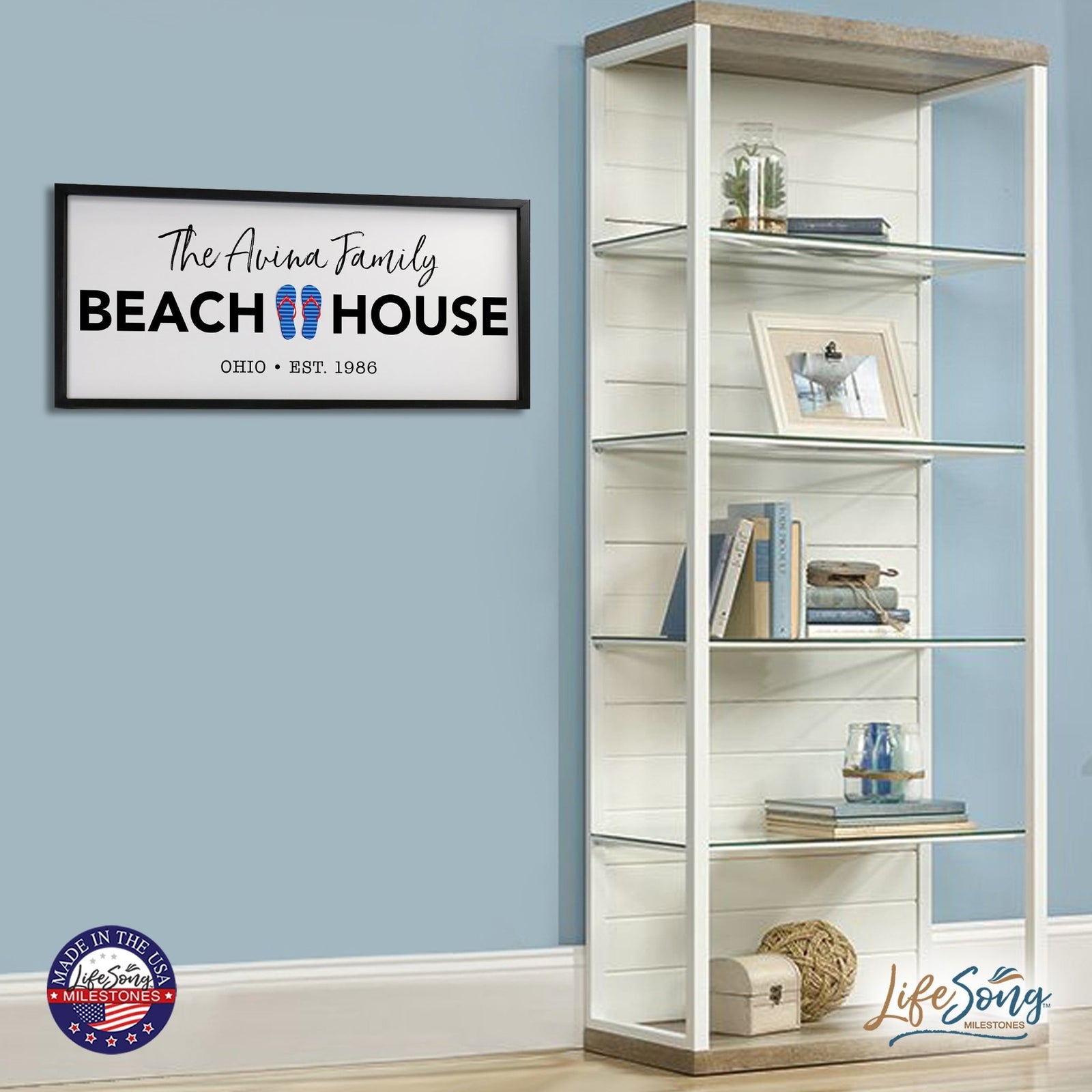 Inspirational Personalized Framed Shadow Box 13x30 - Beach House (Slippers) - LifeSong Milestones