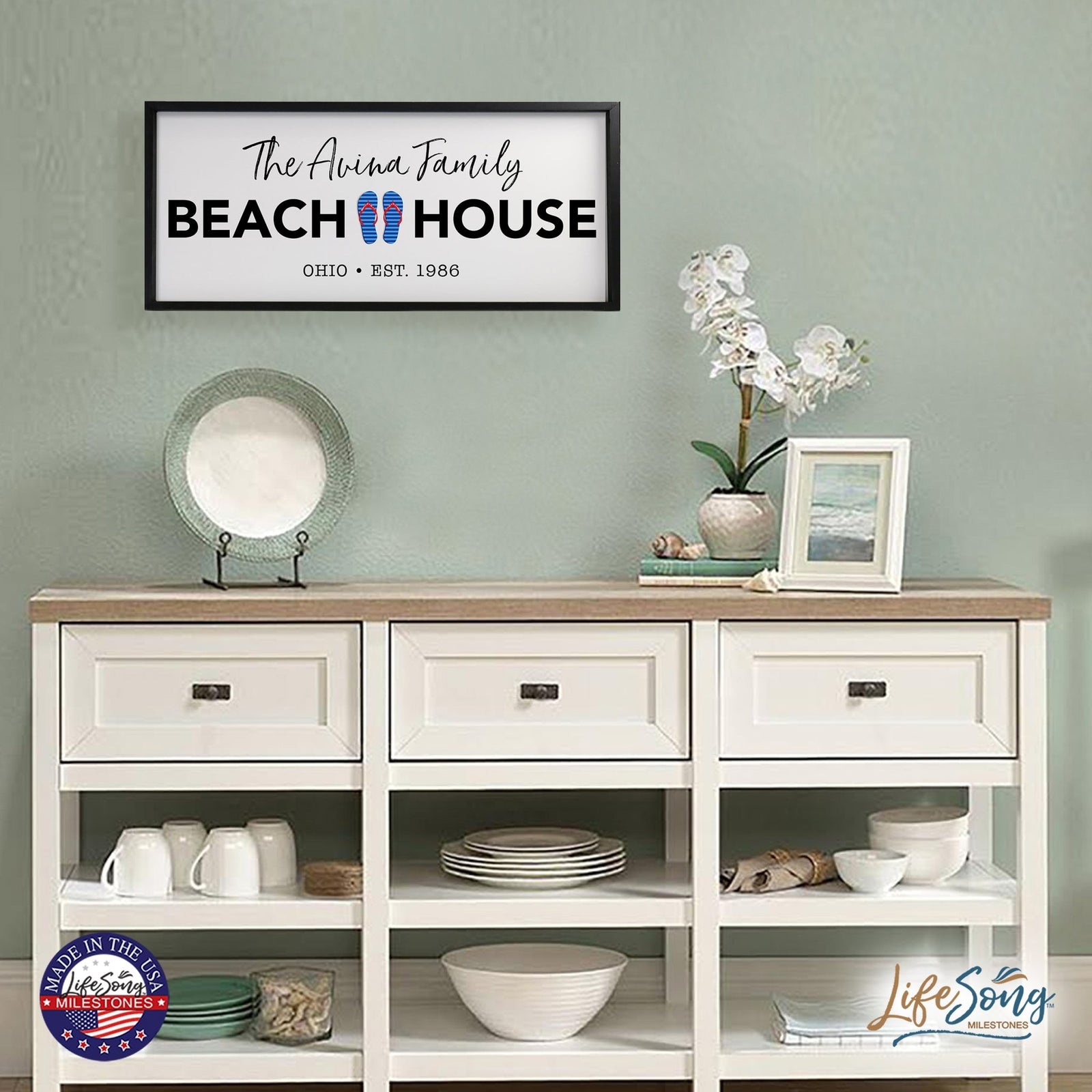 Inspirational Personalized Framed Shadow Box 13x30 - Beach House (Slippers) - LifeSong Milestones