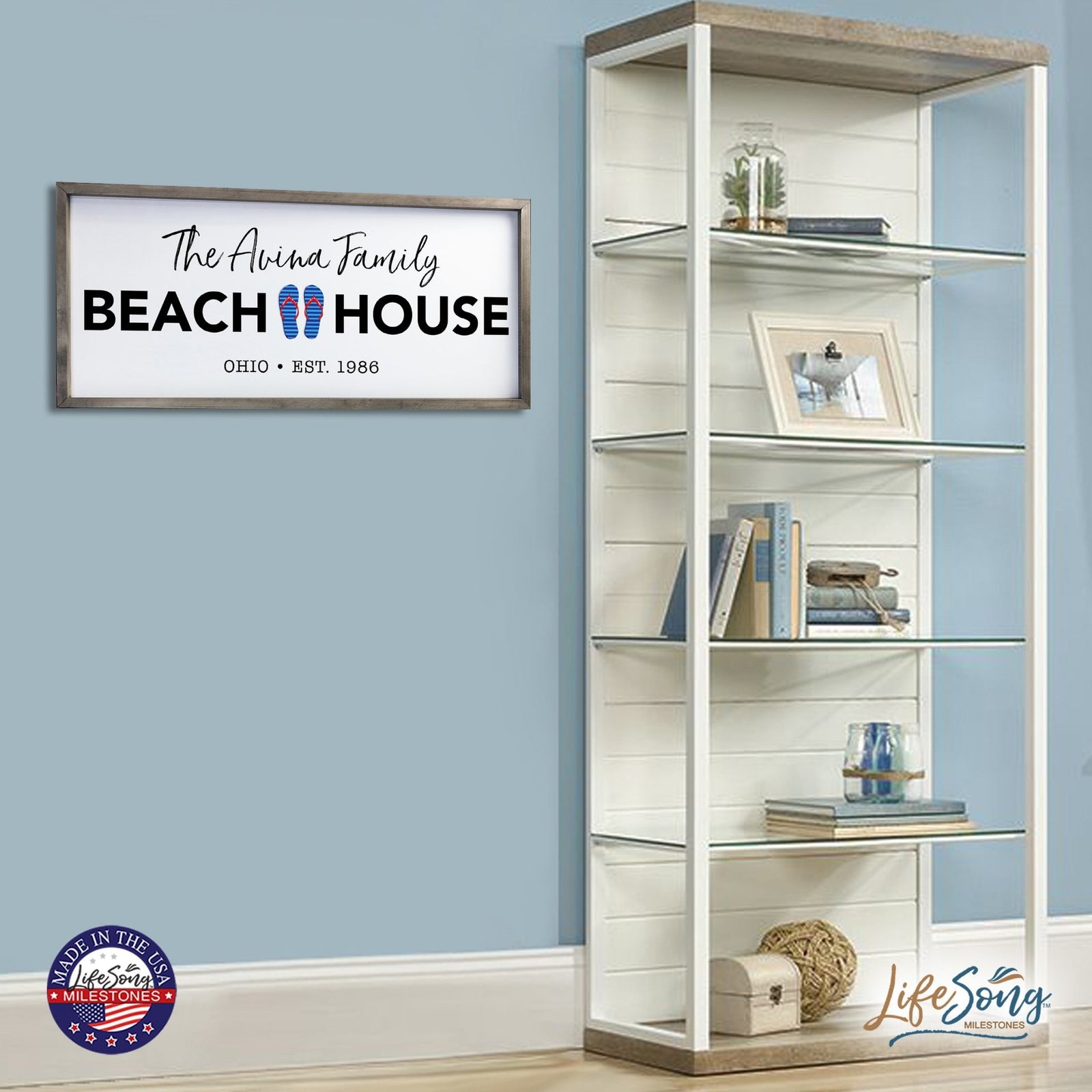 Inspirational Personalized Framed Shadow Box 13x30 - Beach House (Slippers) - LifeSong Milestones