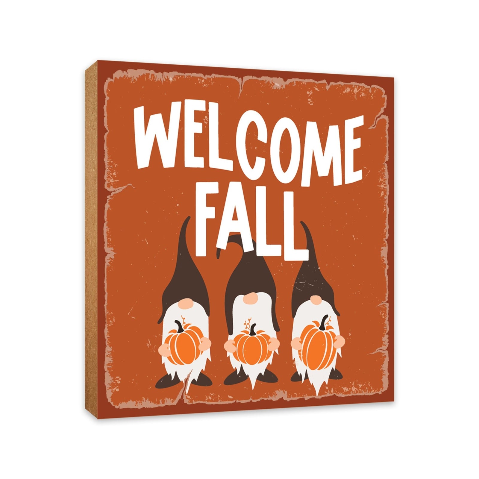 A close-up of a wooden tabletop adorned with inspirational fall signs, enhancing your home decor