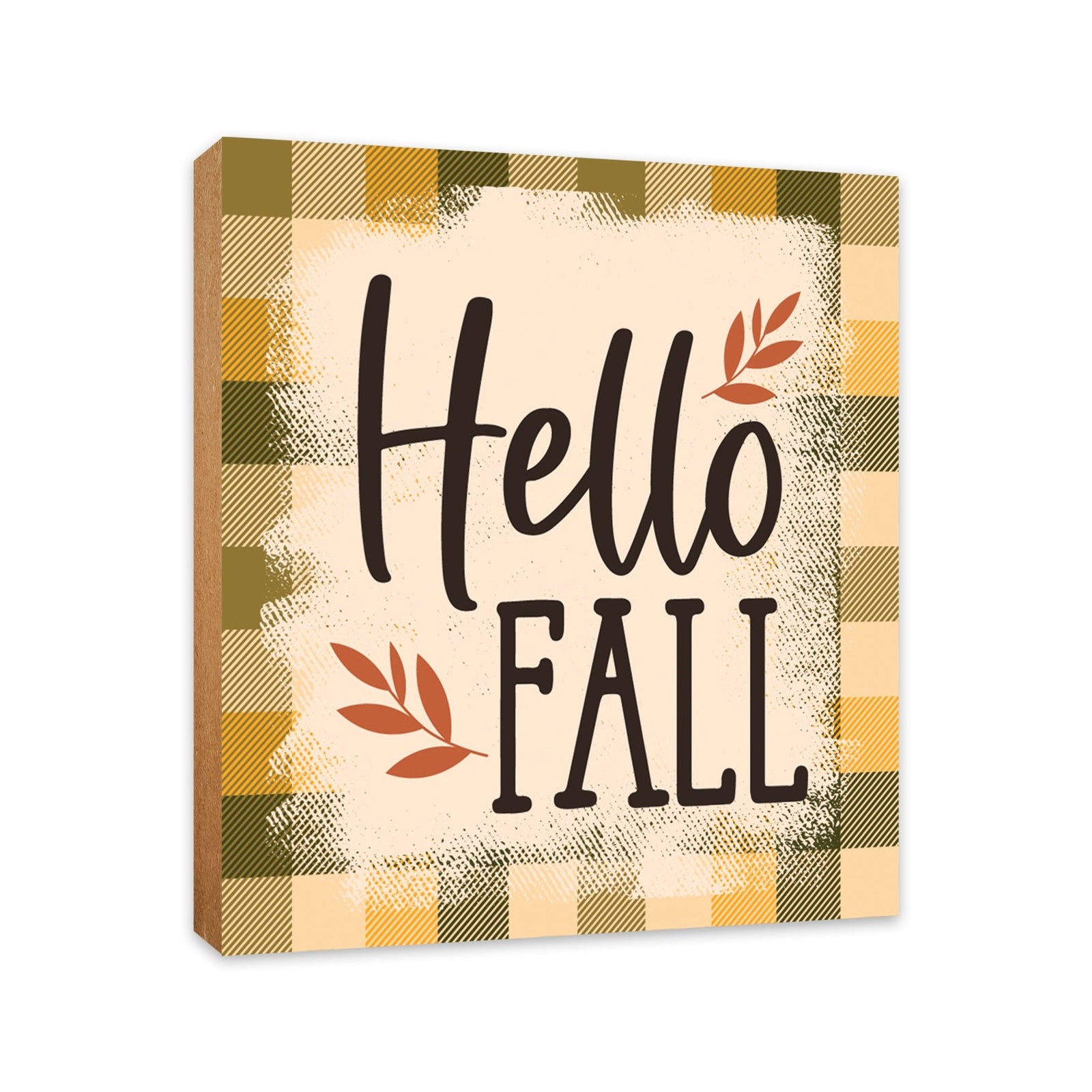 A close-up of a wooden tabletop adorned with inspirational fall signs, enhancing your home decor