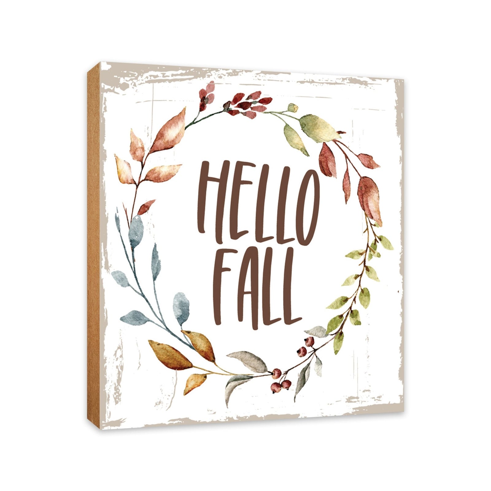 A close-up of a wooden tabletop adorned with inspirational fall signs, enhancing your home decor